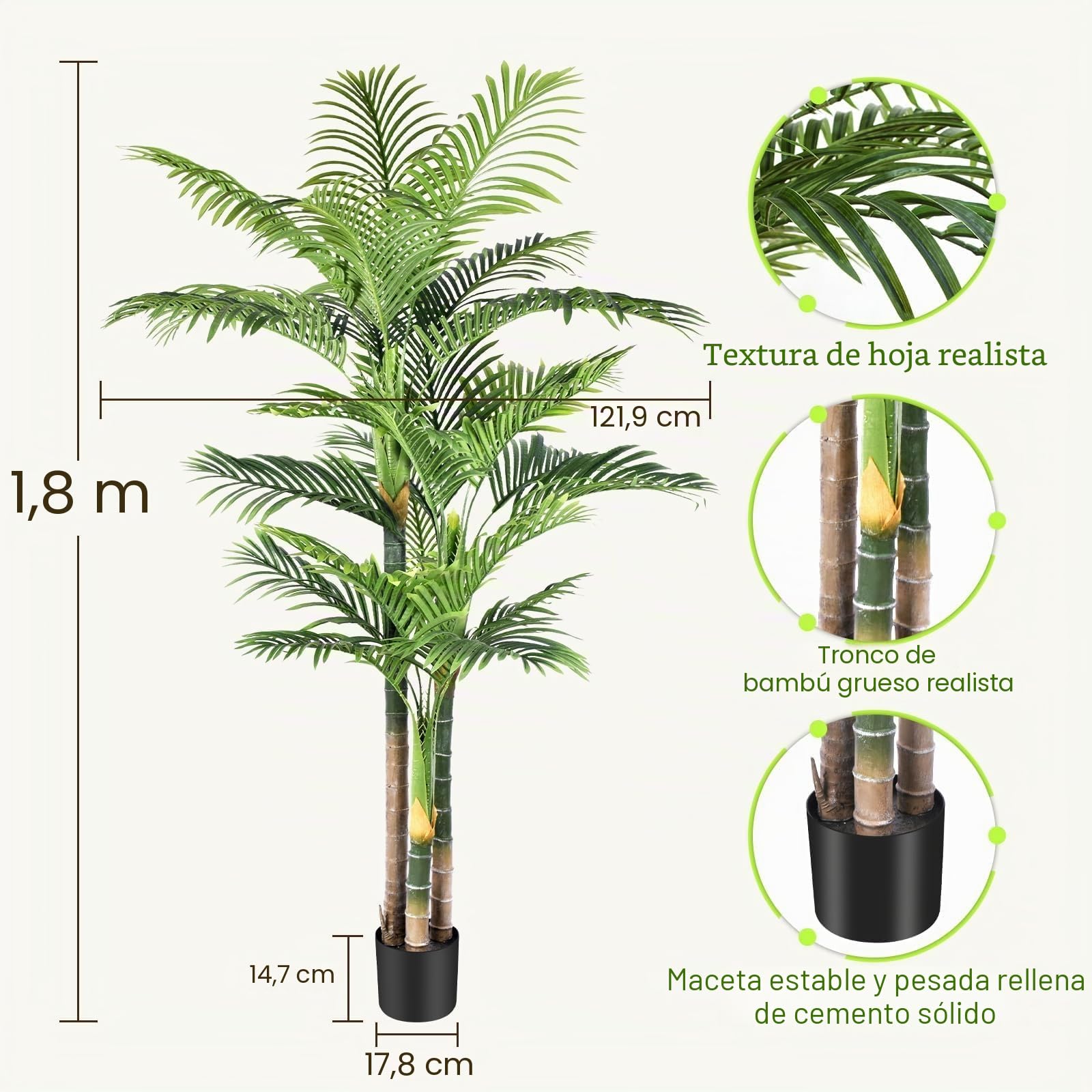 Palmera Artificial Triple Dorado 180cm, Planta Artificial Exterior Grande, arbol Artificial Interior o Exterior Alta para Patio Junto a la Piscina Césped Oficina Salón Balcón Jardín (1Pack)