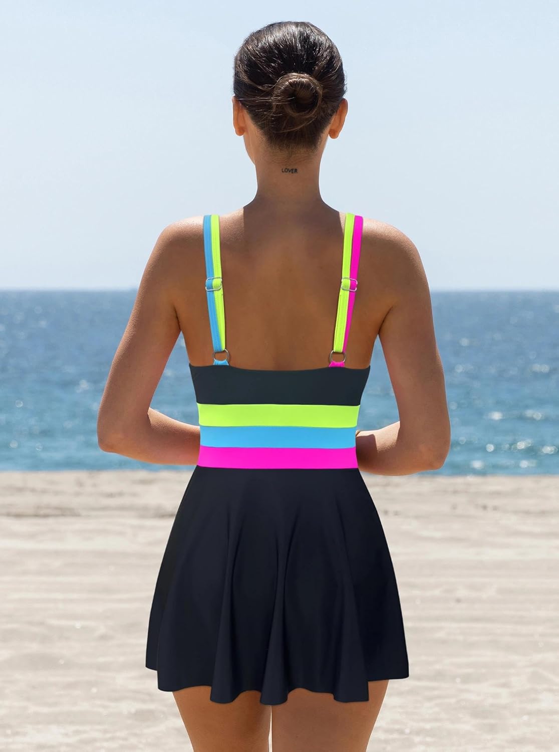 popvil Women One Piece Swimsuit with Skirt Tummy Control Bathing Suit Neon Color Block Swimdress Double Strap U Neck Swimwear - Image 3