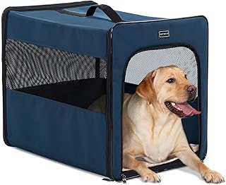 Petsfit Hundebox faltbar für zuhause, Hundetransportbox Faltbare Hundebox große Hunde, robust, leicht, sicher mit 3 cm dicken Plüschmatte, L 79x53.5x66cm