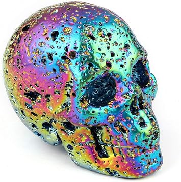 Skullis 2.0" Rainbow Aura Hot Lava Stone Crystal Skull, Hand Carved Gemstone Fine Art Sculpture, Reiki Healing Stone Statue.