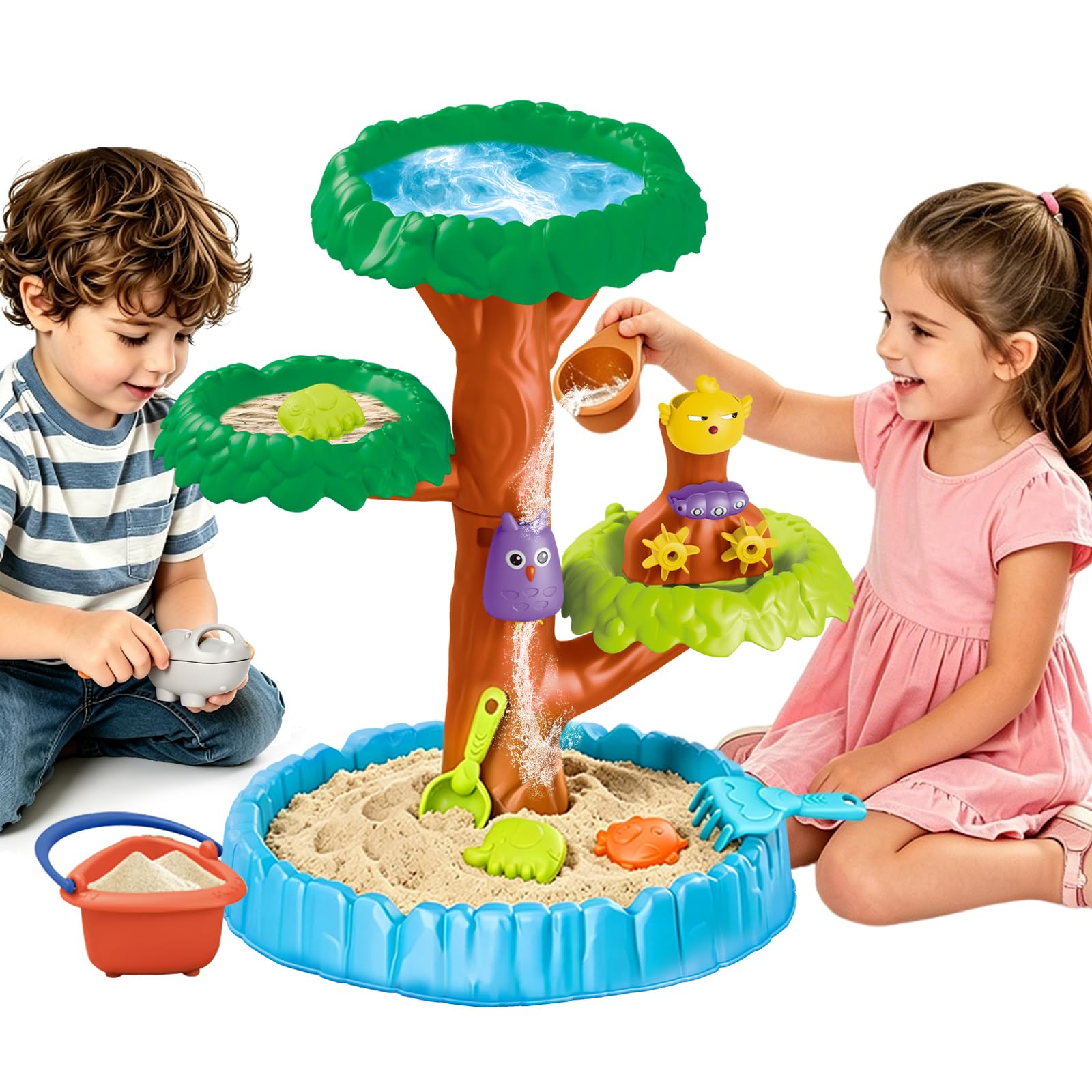 KUKUTrue® Sand and Water Table-4‑Tier Tree‑Shaped, Outdoor Toys for Toddlers Age 3-5, Water Play Set for Children, Play Sand Table, Garden Toys, Gift 3-8 Kids Boys Girls