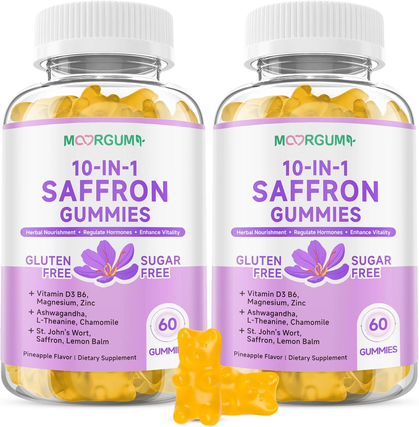 Saffron Gummies for Adult Kids, 10-IN-1 Regulate Cortisol Supplement with Saffron 88.5mg, Vitamin D3, B6, Magnesium, Zinc, Ashwagandha, L-Theanine, St. John's Wort, For Emotions, Slumber, 120 Count