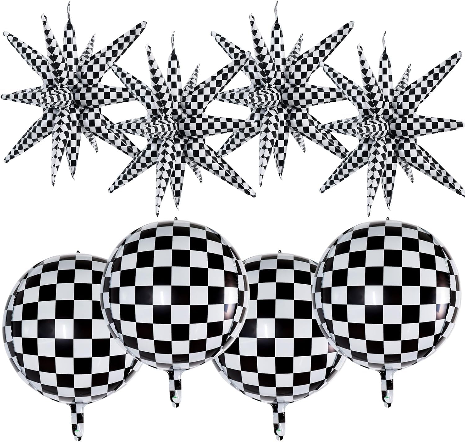 TONIFUL 8Pcs 22Inch Black Checkered Large 4D Giant Round and Star Balloons Explosion Star Mylar Balloons Set for Christmas New Year Birthday Wedding Bridal Shower Anniversary Photo Booth Supplies