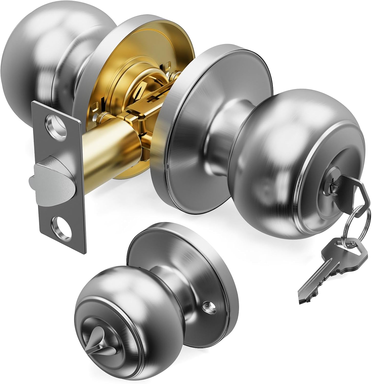 1 Pack Door Knob with Lock and Key, Keyed Entry Door Knobs, Brushed Nickel Interior and Exterior Round Ball Door Lock for Bedroom 1 Pack Brushed Nickel