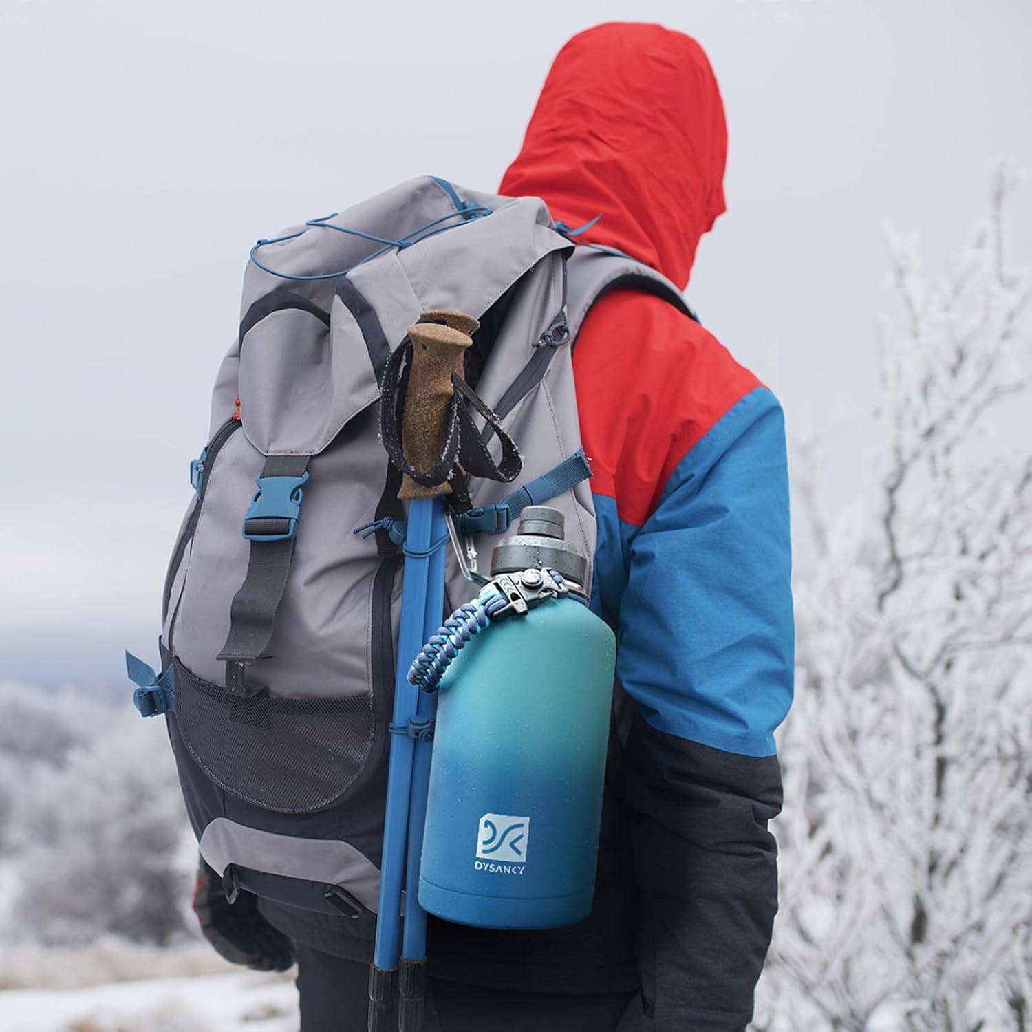 Insulated Water Bottle 64oz with Carrier Bag and Paracord Handle Black and Peacock Green/Blue