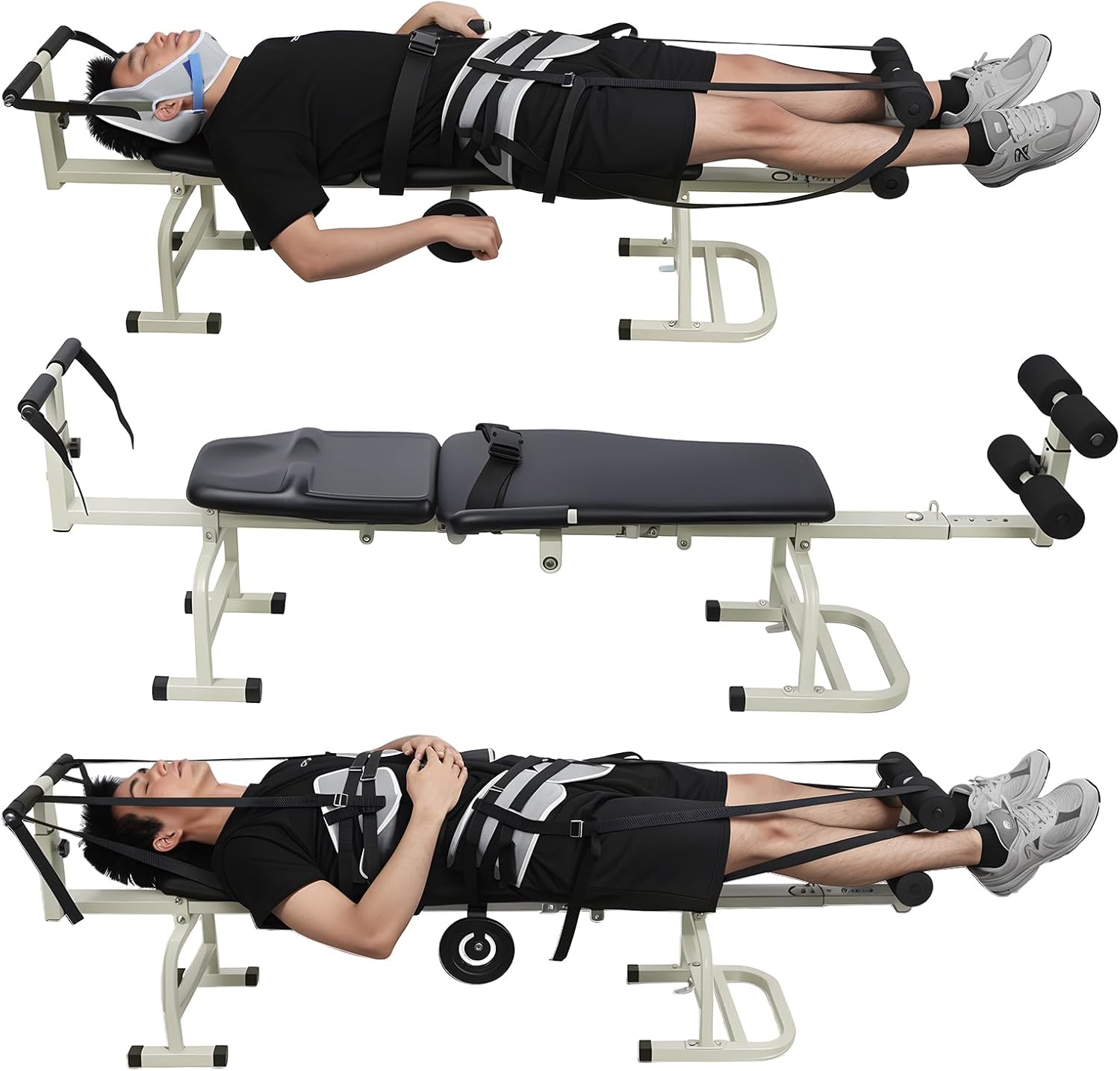 Massage Traction Table, Portable Cervical Lumbar Traction Bed with Pillow Cushion & Handwheel, Neck Stretcher Cervical Traction Device, Body Stretching Device Equipment for Bedroom, Gym and Office