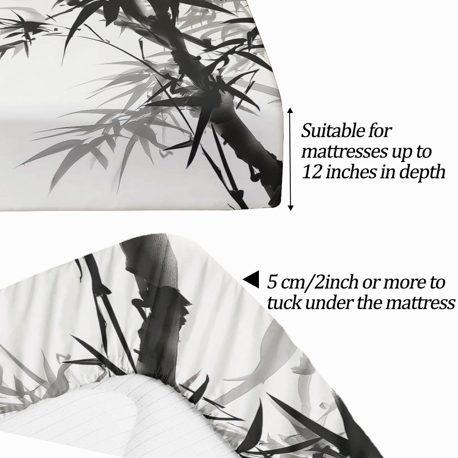 sábana Ajustable Bambú de Tinta, Estilo Tradicional Chino Juego de Sabanas Estampadas 3 Piezas 180 x 200 cm Algodón Poliéster, Bajera, Funda de Almohada 100% Microfibra Negro