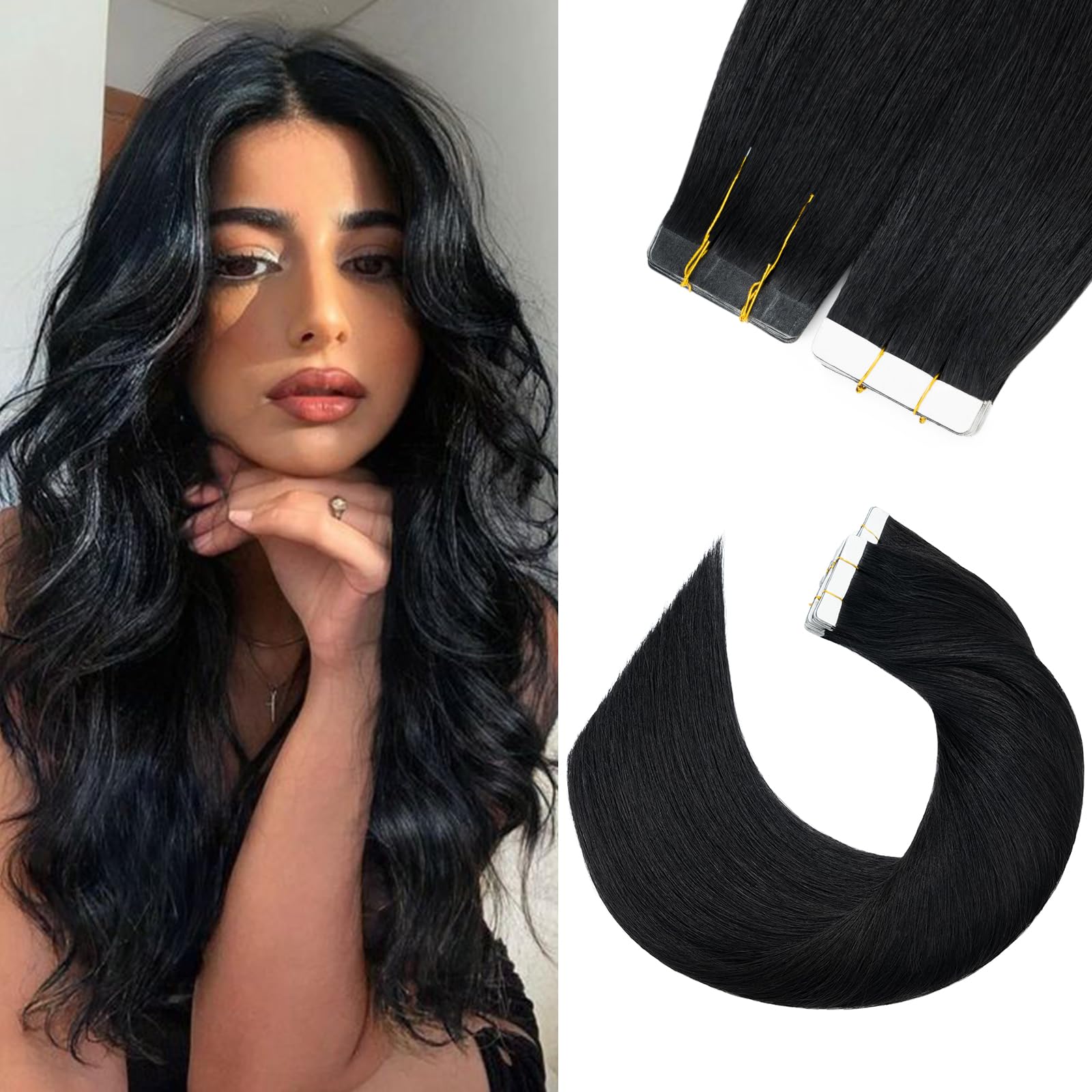 Silk-co Tape in Hair Extensions Remy Hair Extension Hair Pieces Silky Straight Human Hair Extensions Silky Soft Seamles 20 Pcs 20g/Set 12inch (20PCS)#01 Jet Black