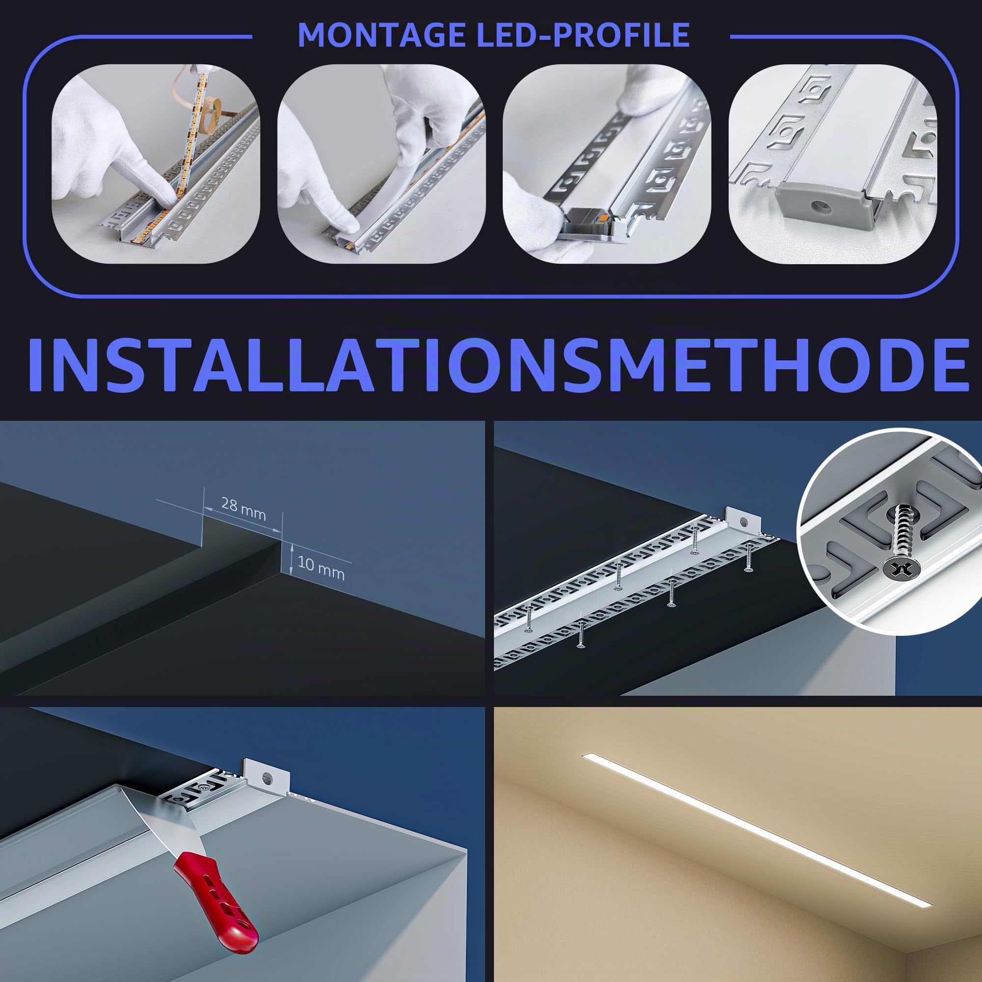 LED Profil 2 m für LED - Streifen 5 Stück Trockenbauprofil (Lamellen 64mm) Geeignet für alle Streifen bis 20mm Mit milchweißer PC-Abdeckung
