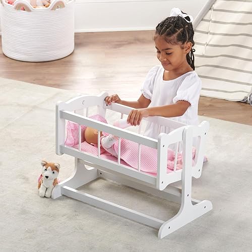 Miniatura 2 de Badger Basket Cama de muñeca estilo reliquia de juguete con ropa de cama a cuadros para muñecas de 20 pulgadas, blancorosa