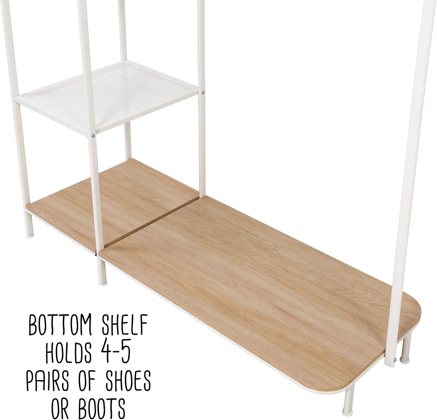 Honey-Can-Do Clothing Rack, Clothes Rack with Wood Shelf, Freestanding, Easy to Assemble Garment Rack, Standing Metal Sturdy, Small Space Storage Solution, with Shoe Storage White image 5