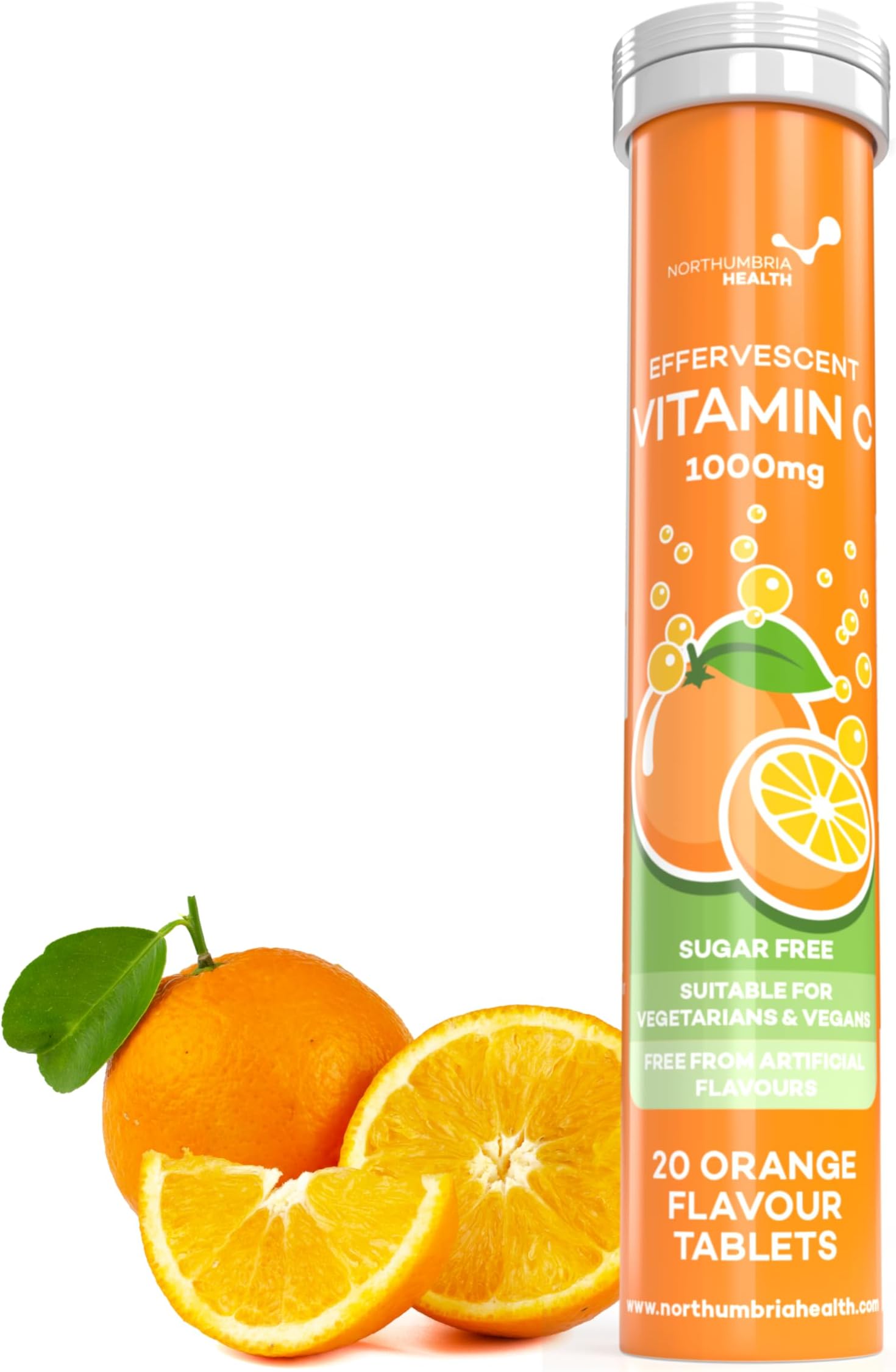 Effervescent Vitamin C Tablets, 20 Orange Flavoured Tablets, High Strength, Immune Support, Essential for Normal Collagen Formation, Vegan, Made by Northumbria Health