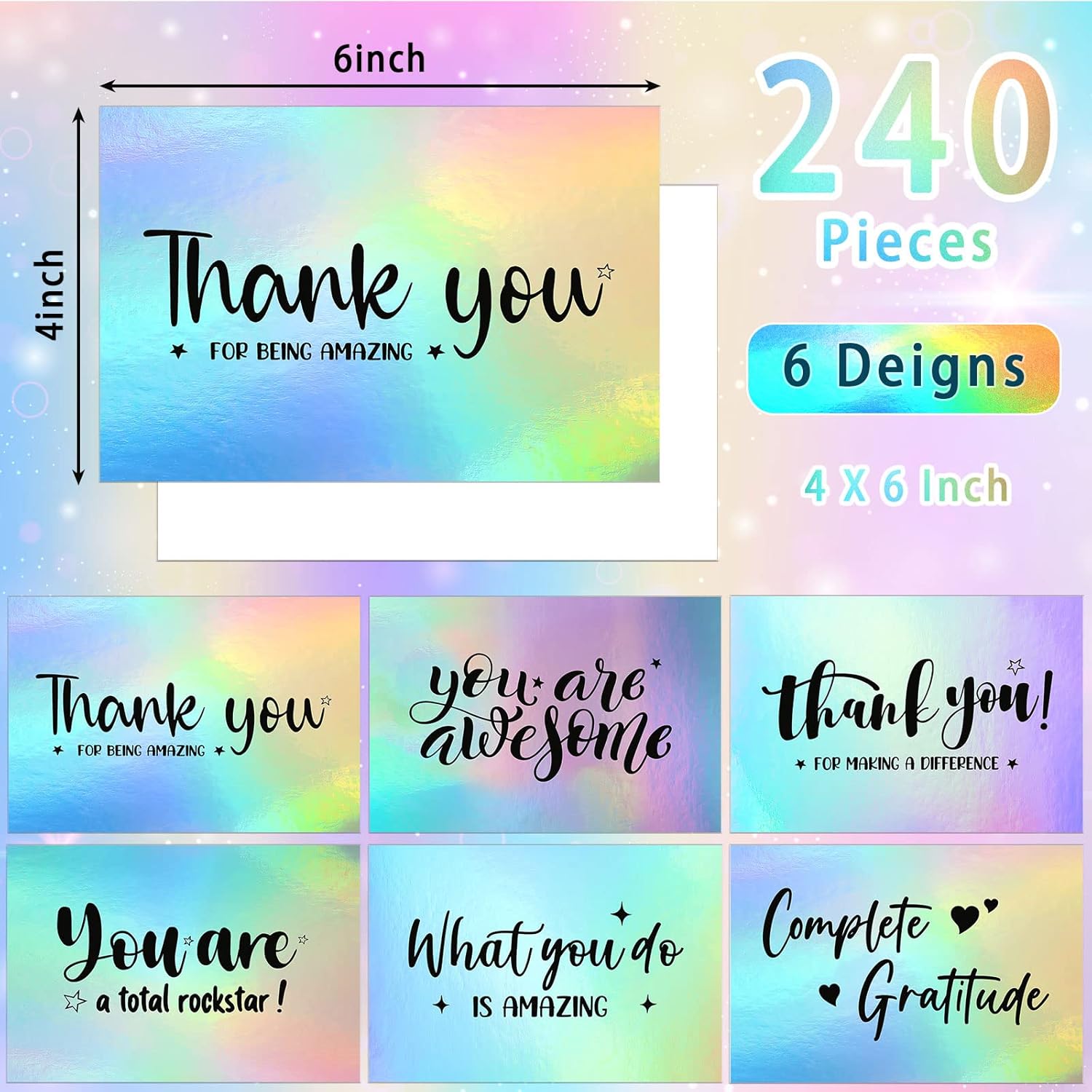 Holographic Thank You Cards Appreciation Postcards You Are Awesome Greeting Cards Thank You for Making a Difference Cards for Students Volunteers Teachers Graduation Nurses,4 x 6 Inch(240 Pieces)