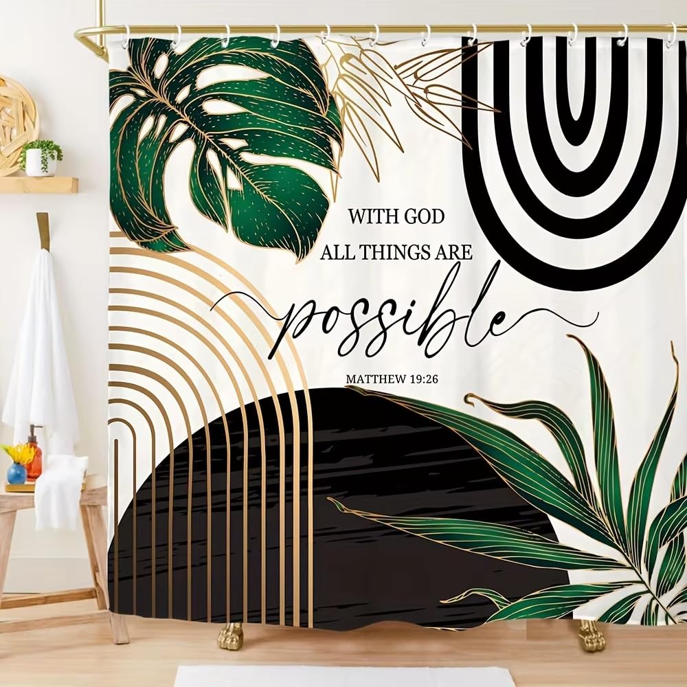 Rideau de douche imperméable motif feuilles tropicales et citation inspirante 137x183cm