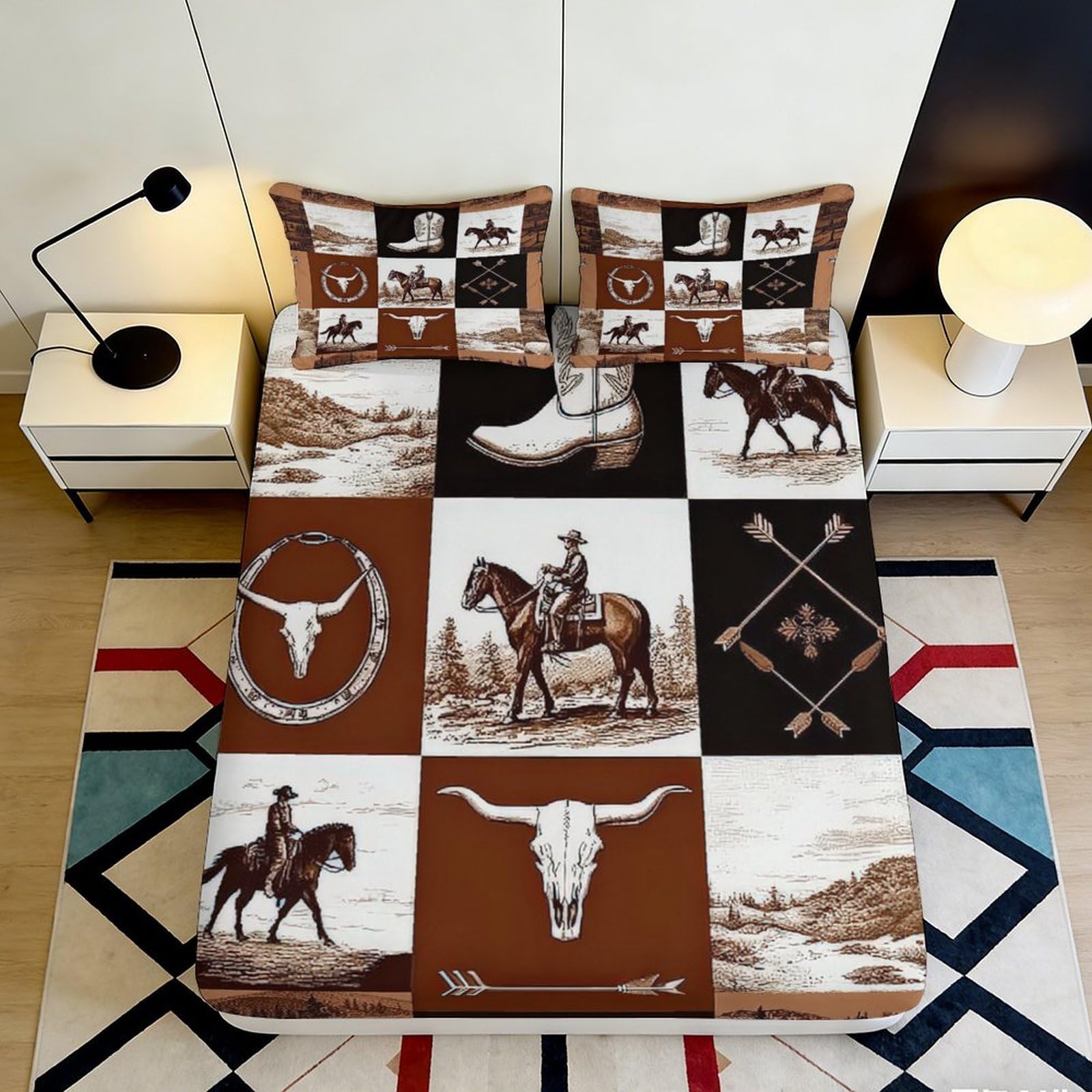 3D Printed Cowboy Western Fitted Sheet Microfiber Deep Pocket Bedroom Bedding Set Western Mattress Fitted Cover for Adults Home 200x200x25cm