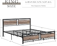 Vista 2 de King Bed Frame, Platform Bed Frame King with Industrial Wood Headboard and 12 Strong Support Metal Legs, Easy Assembly, Noise-Free, No Box Spring