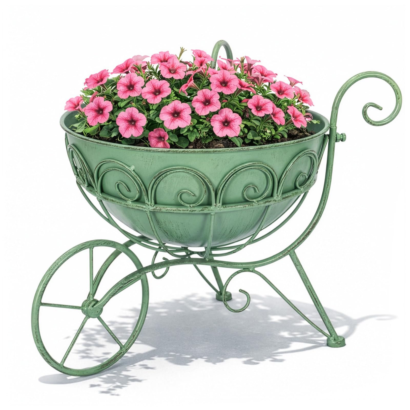 GreenWhim Vintage Metal Wheelbarrow Planter Stand Decorative Garden Flower Pot Holder Green Scrollwork Cart Plant Display for Patio, Balcony, Indoor