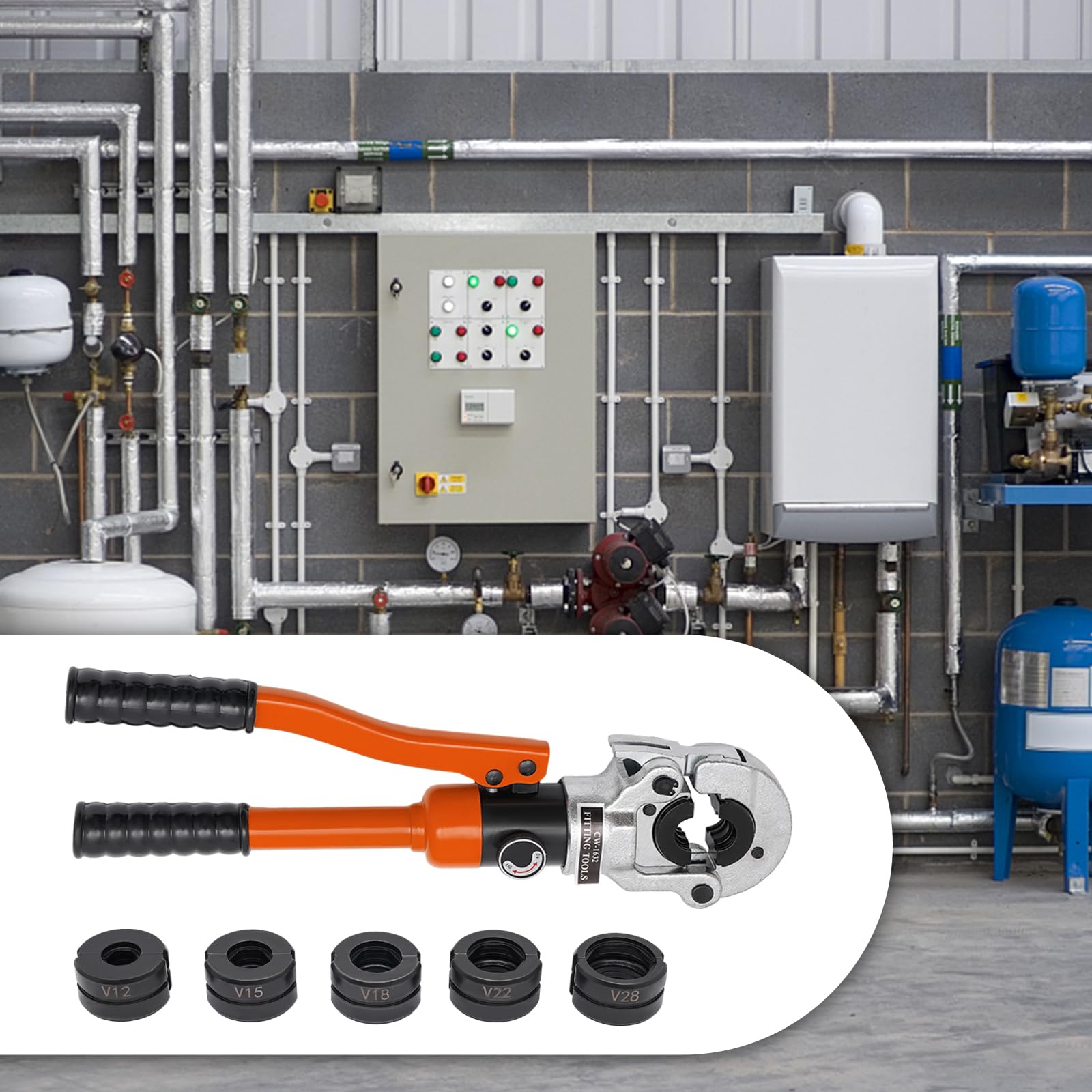 Szczypce hydrauliczne, szczypce zaciskowe z 5 zestawami matryc 8T 12-28 mm, głowica zaciskowa 360°, szczypce zaciskowe do rur miedzianych, hydrauliczne narzędzia do zaciskania rur, narzędzie do