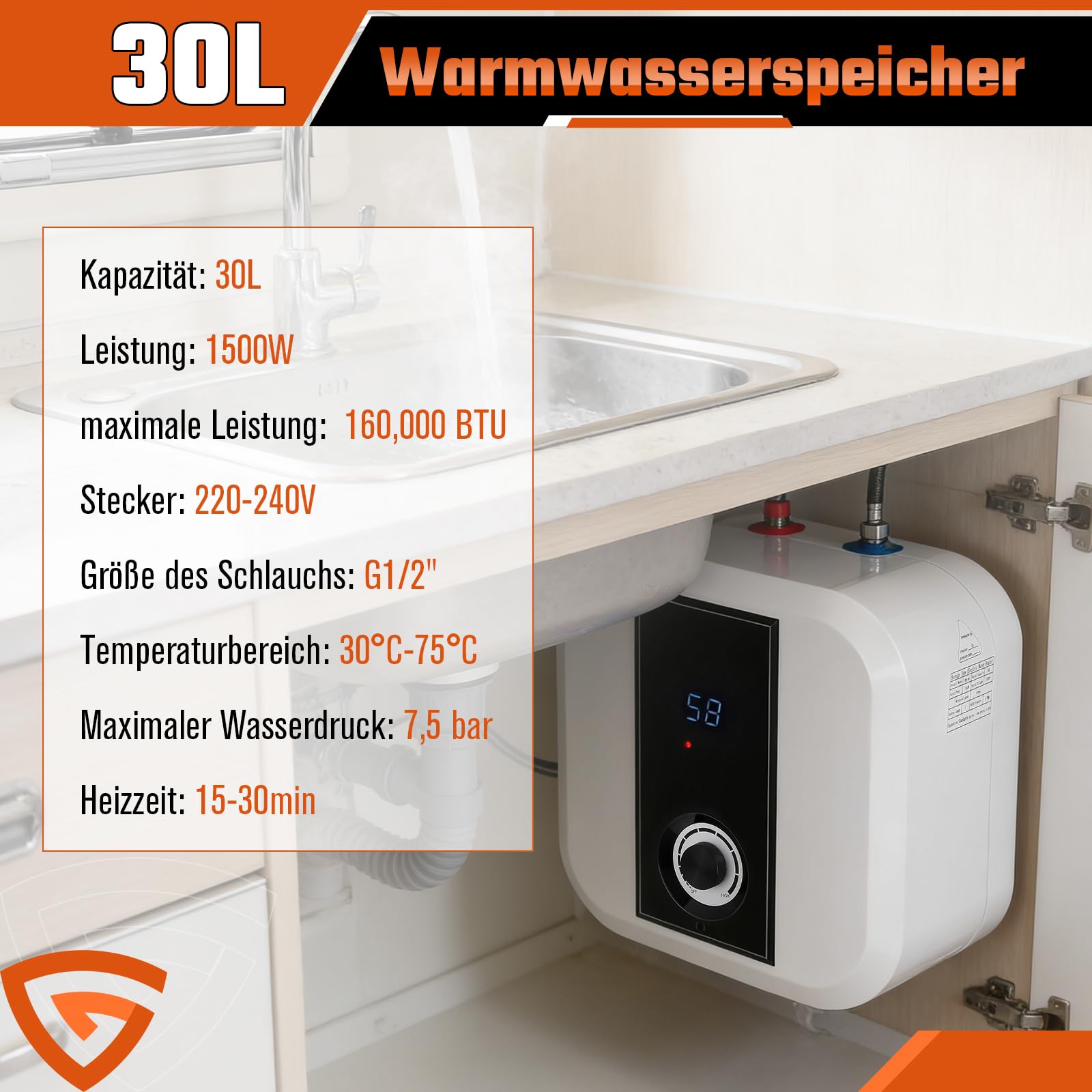 Druckfest Kleinspeicher, Untertischboiler 30 Liter Unterschrank Elektrischer Warmwasserspeicher 1,5KW Mini Durchlauferhitzer mit Stecker 230V für Küche, Dusche, Badezimmer Überhitzungsschutz