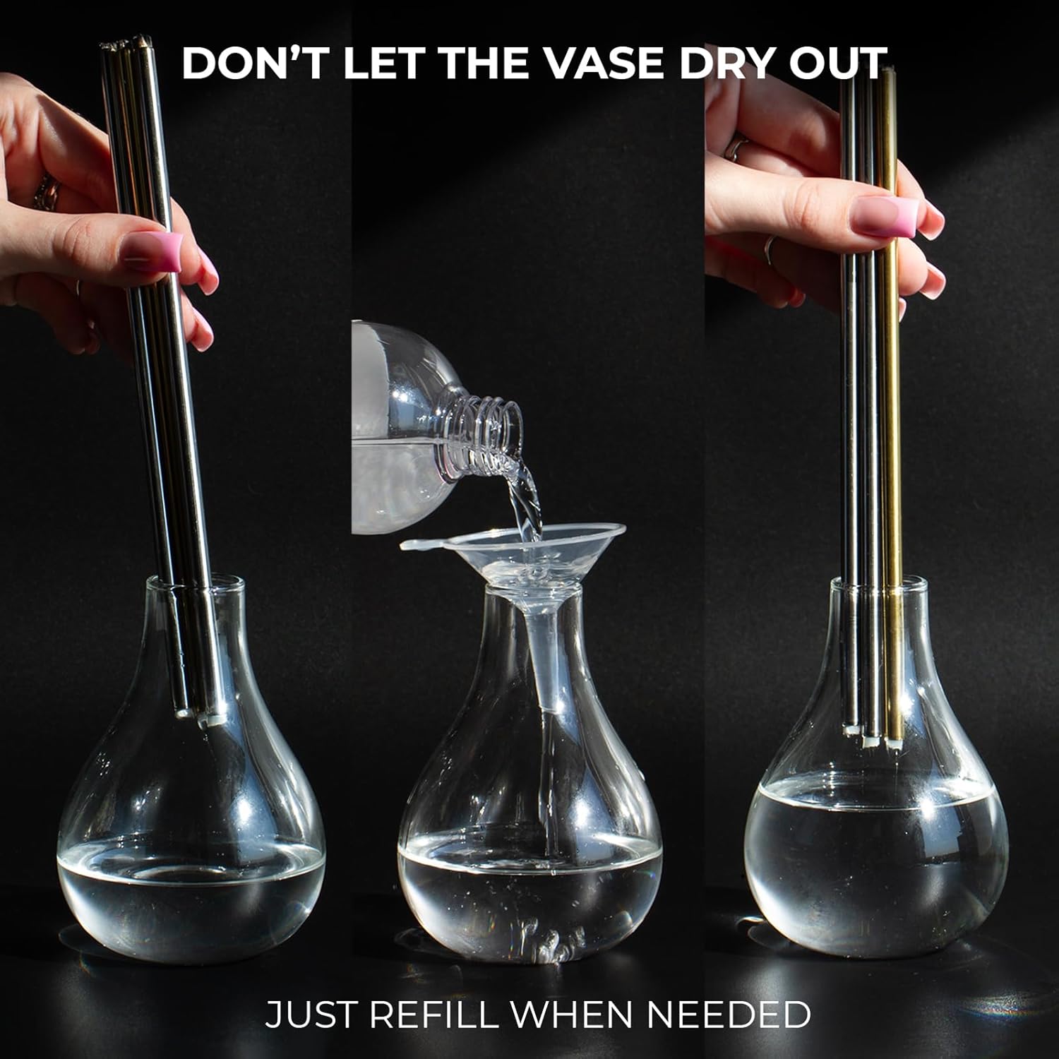 CANDWAX Refillable Candle - Glass Oil Candle Gift Set with Liquid Paraffin Bottle 17oz, Funnel and 2 Sets of Metal Wicks Gold and Silver - Everlasting Candle Ideal as Decorative Candles