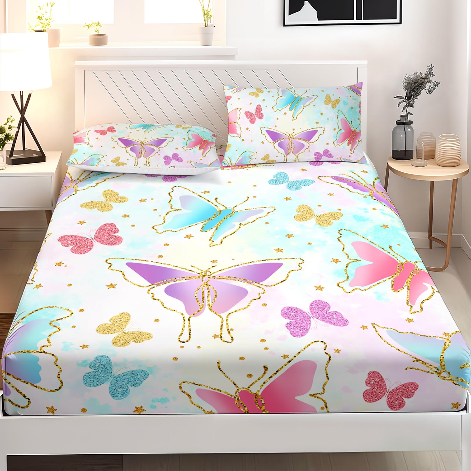 AILONEN Colorful Butterfly Bedding Sets for Girls Twin XL Size Fitted Sheet Set,Kids Butterfly Sheet,Rainbow Tie Dye Bed Sheet,1 Fitted Sheet with 2 Pillowcases,3 Pieces