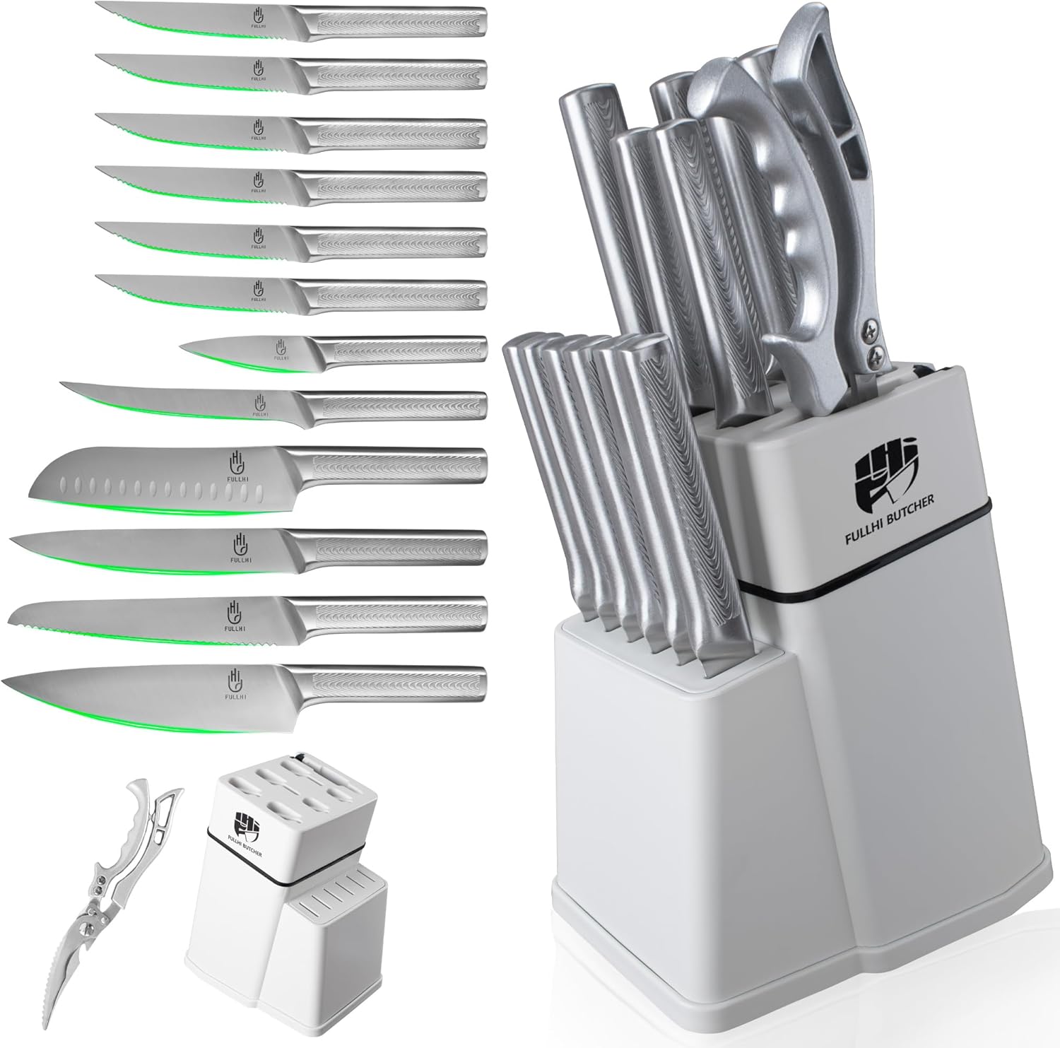 FULLHI 14pcs Knife Block Set, Dishwasher Safe Kitchen Knife Set with Built-in Sharpener, Stainless Steel Chef Knives Set with Knife Holder Kitchen Scissors FULLHI 14pcs Knife Block Set, Dishwasher Safe Kitchen Knife Set with Built-in Sharpener, Stainless Steel Chef Knives Set with Knife Holder Kitchen Scissors