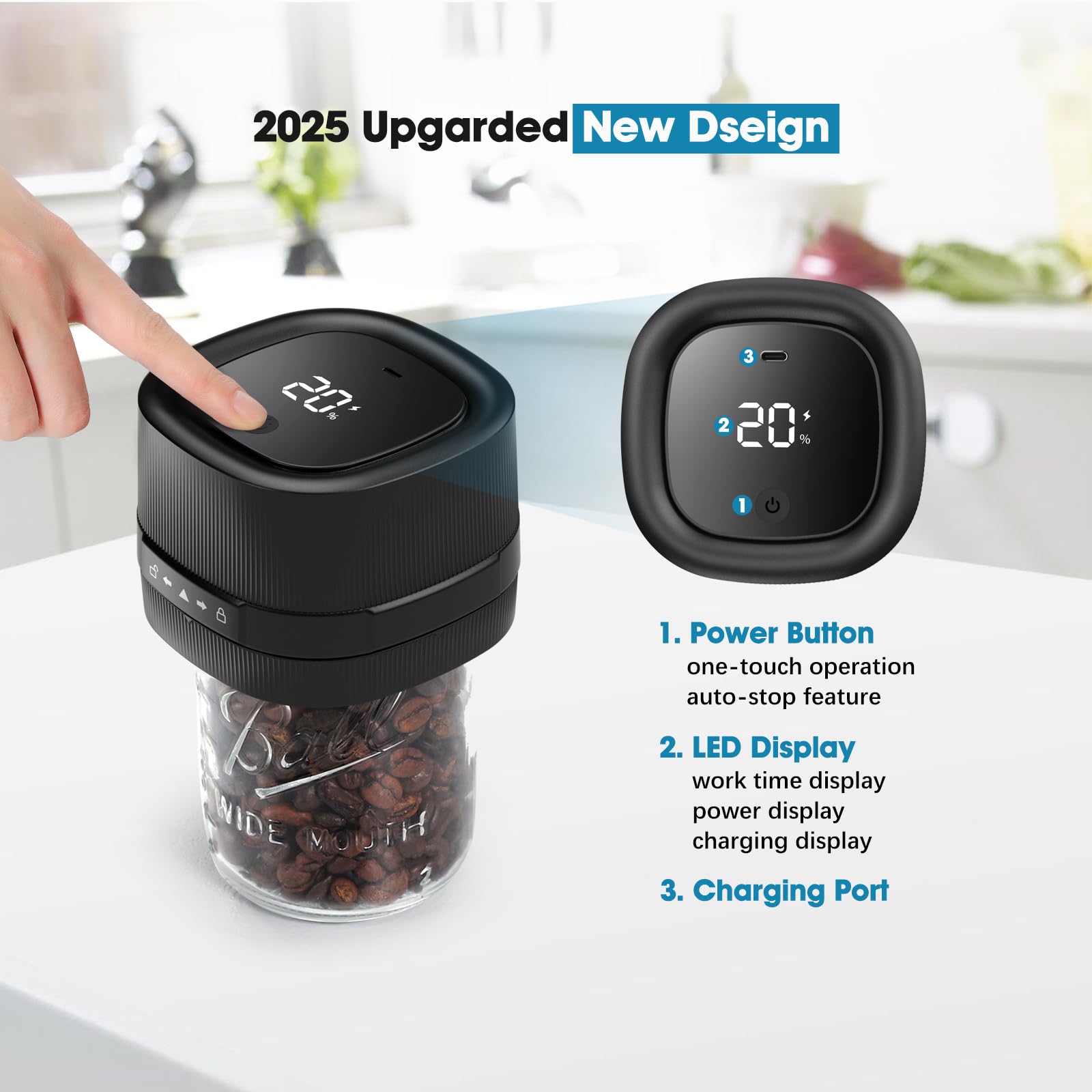 ZIWEO Mason Jar Kit de scellage sous vide pour bocaux Mason à large ouverture et ouverture normale, scelleuse électrique sous vide avec buse d'aspiration, 10 couvercles et 1 sac sous vide, design