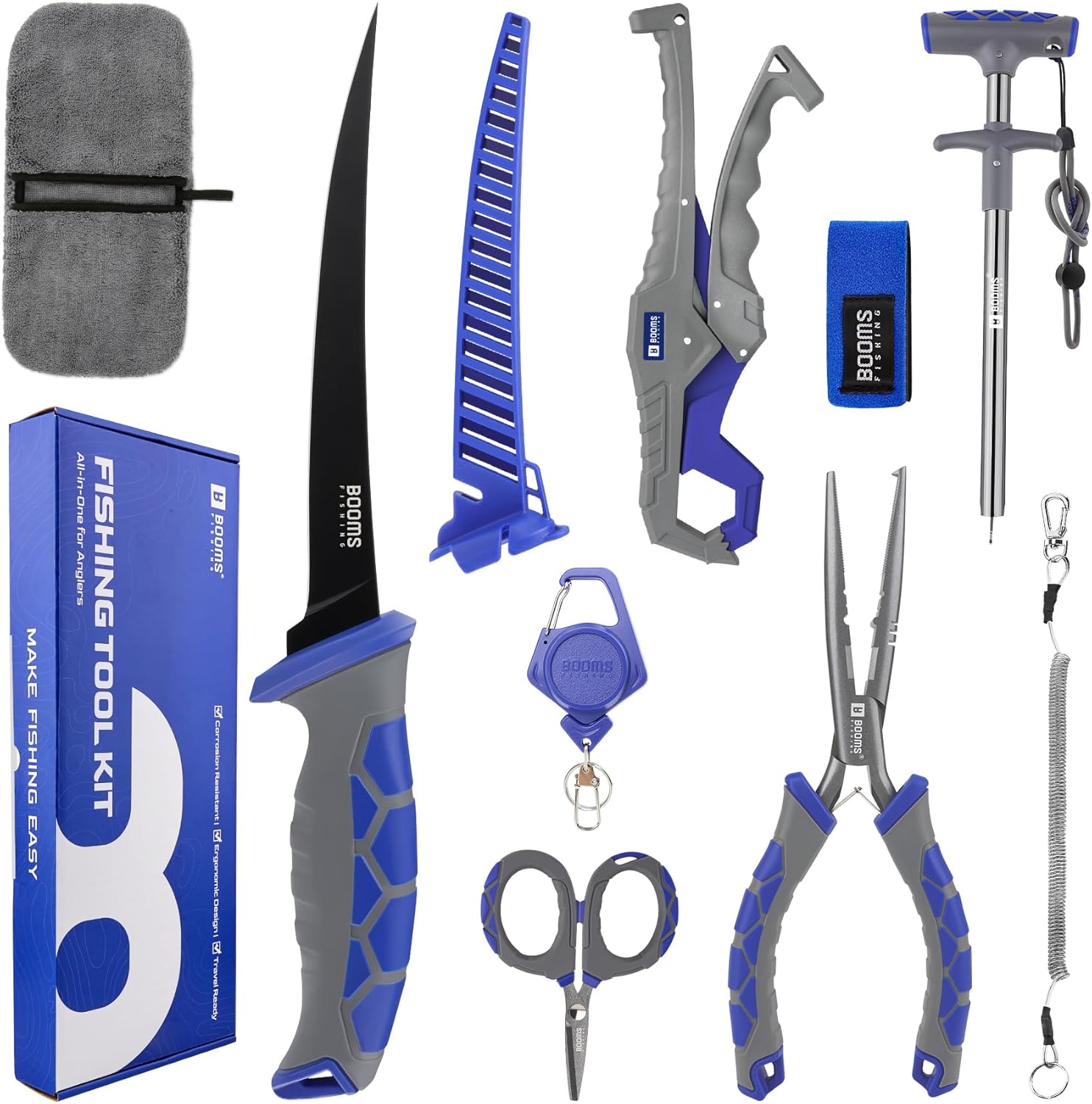 Booms Fishing Tool Combo Saltwater: 9pcs Fishing Gear and Equiment - 7"Fillet Knife, Needle Nose Pliers, Fish Gripper, Dehooker, Scissors, Retractor, Rod Strap and lanyard - Fishing Gift for Men, XT03