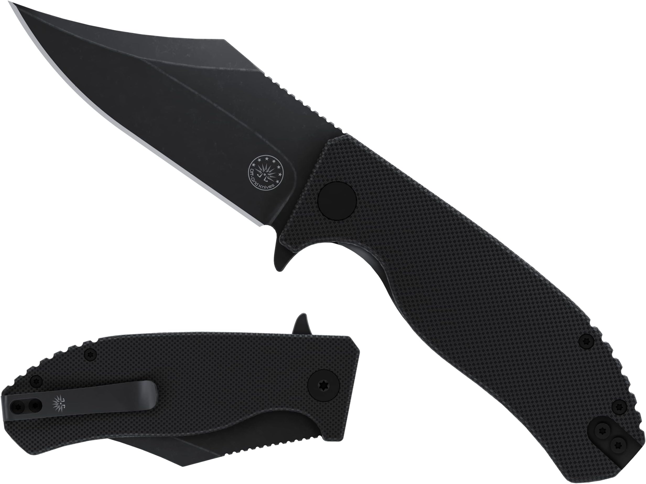Off-Grid Knives - Caiman EDC, D2 Bowie Blade Folding Knife w/ G10 Scales, Bearings, Deep Clip, Left or Right Hand Carry