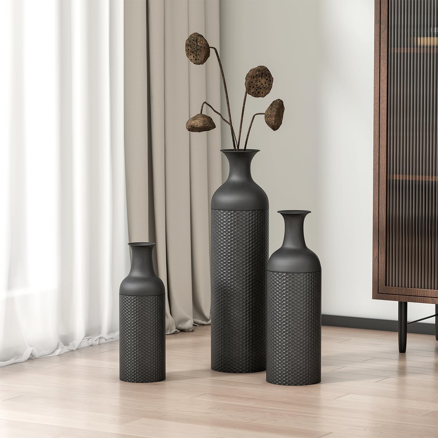 ybaymy Juego de 3 jarrones grandes de metal negro de 68/51/41 cm de alto, con textura de panal, decoración moderna de gran tamaño para sala de estar, dormitorio, chimenea, esquina pasillo, oficina