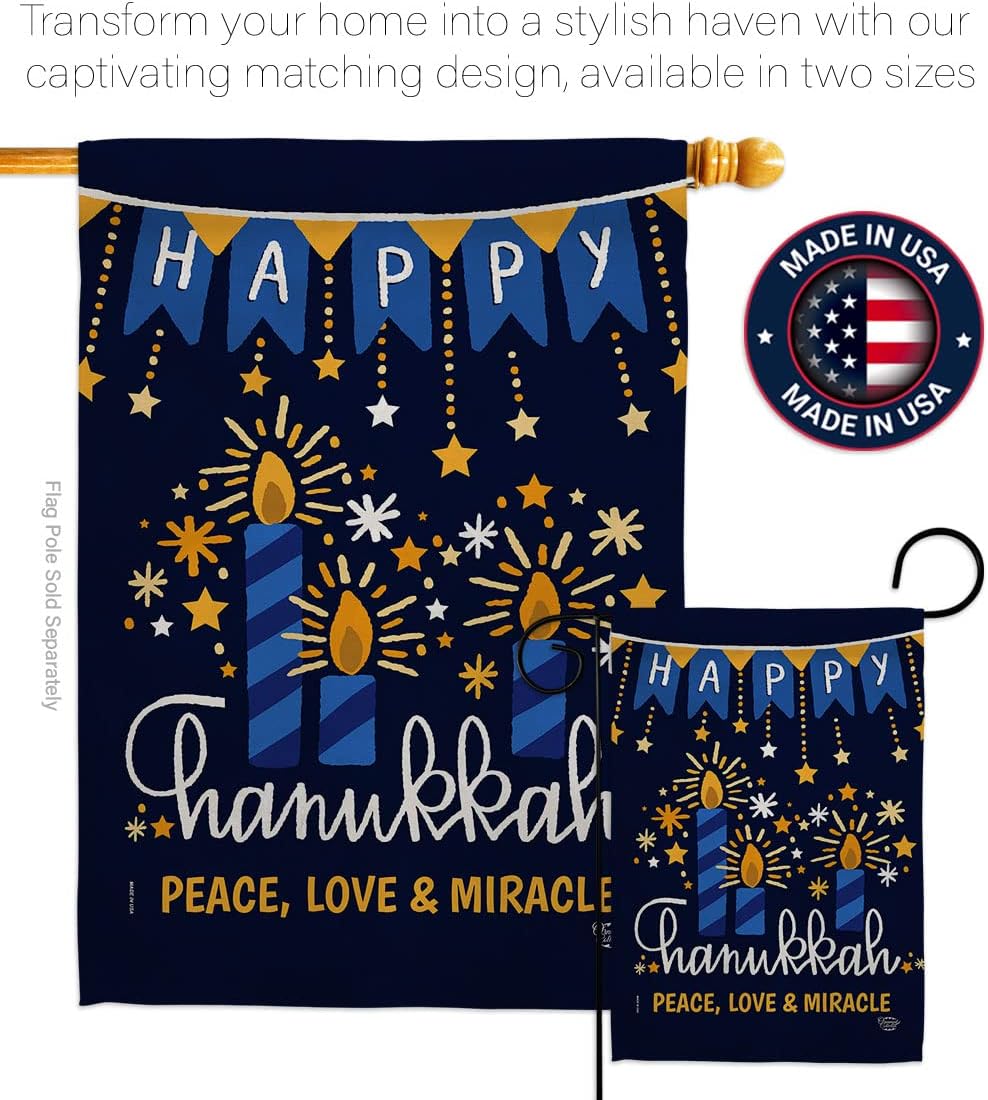 Peace Love Happiness House Flag - Winter Hanukkah Candle Bonsai Menorah Jewish Chanukah David - Decoration Banner Small Garden Yard Gift Double-Sided Made in USA 28 X 40