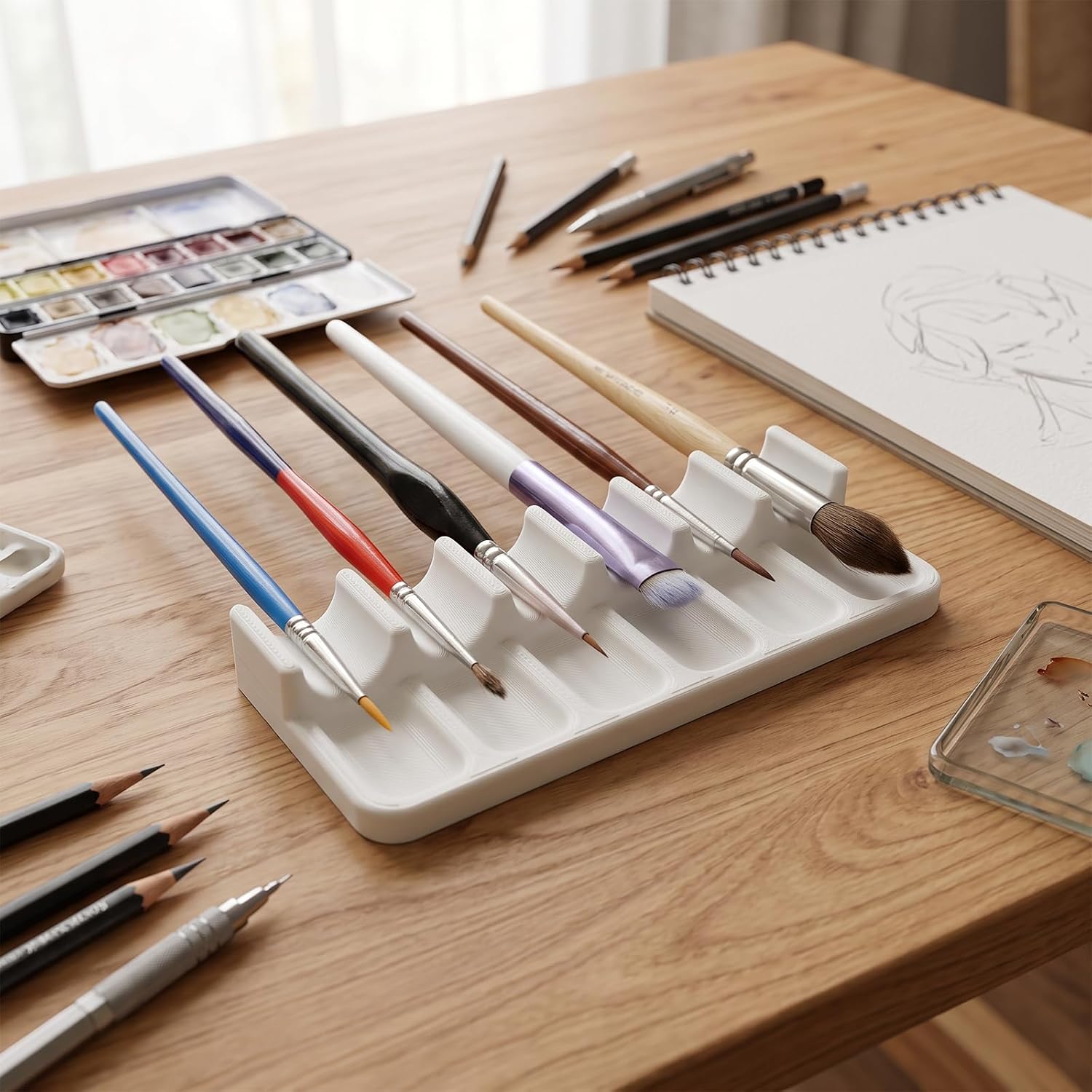 2 Pcs Paint Brush Holder with 12 Slots, Artist Brush Caddy Organizer for Watercolor/Oil/Acrylic Painting Brushes, Multifunctional Paintbrush Storage Rack and Washing Tray