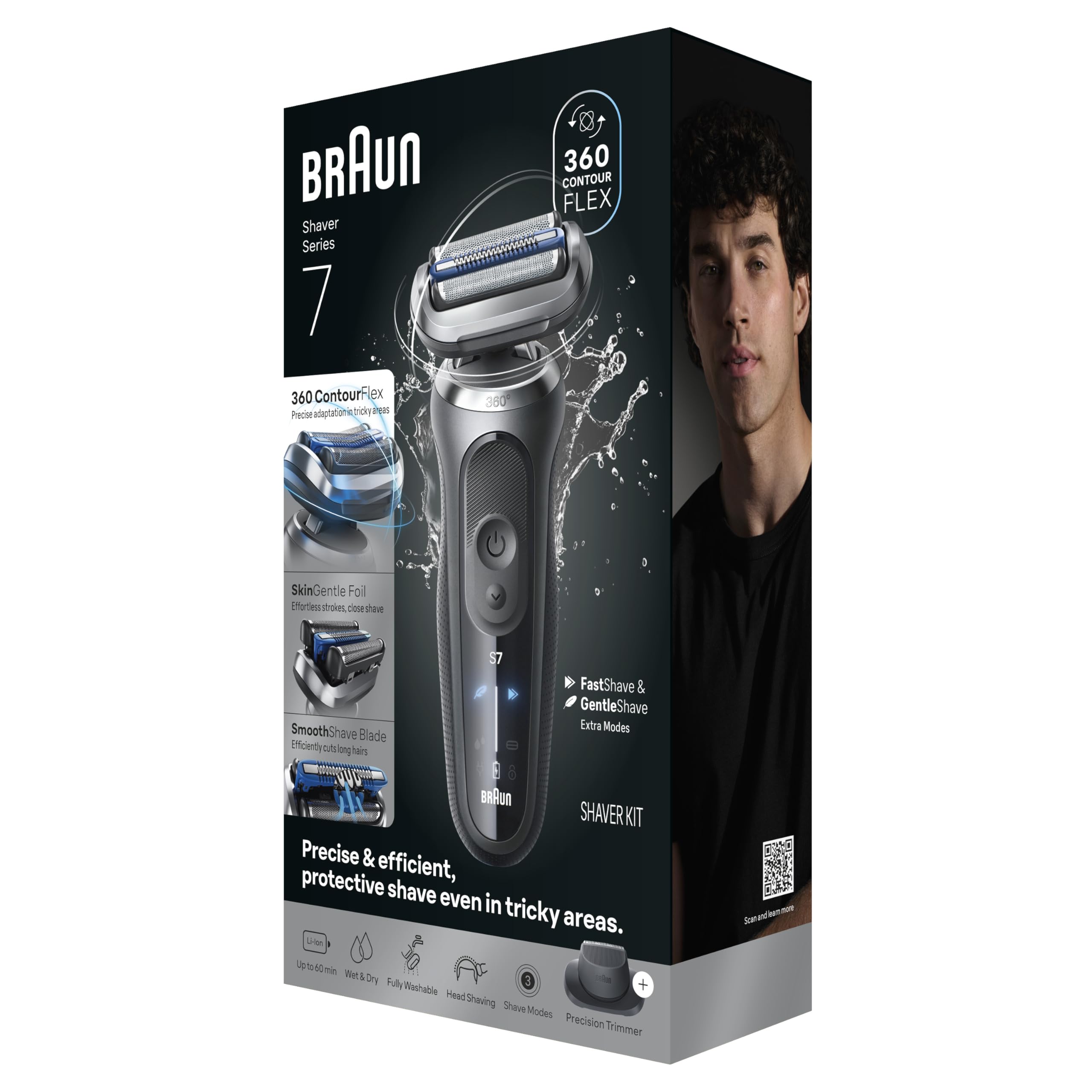 Braun Electric Shaver for Men, Series 7 7120s, Wet & Dry Shave, Turbo & Gentle Shaving Modes, Waterproof Foil Shaver, with Precision Trimmer, Space Grey