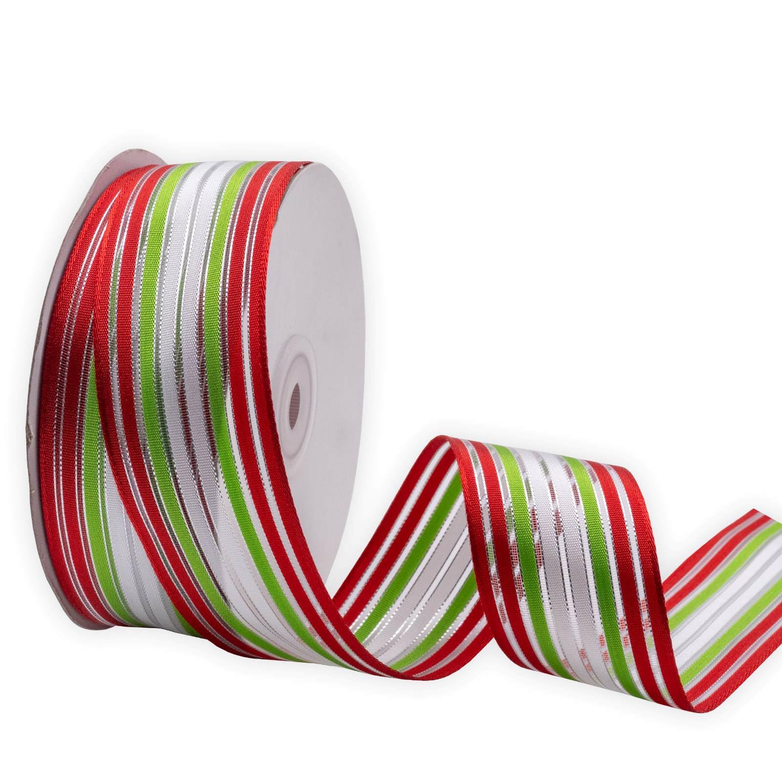 XMRIBBON Wired Sheer Ribbon Red/Green/White Stripes Ribbon, 1-1/2 Inch X 25 Yards, Use for DIY Gift Wrapping Wreath Floral Arrangement Bow Decoration