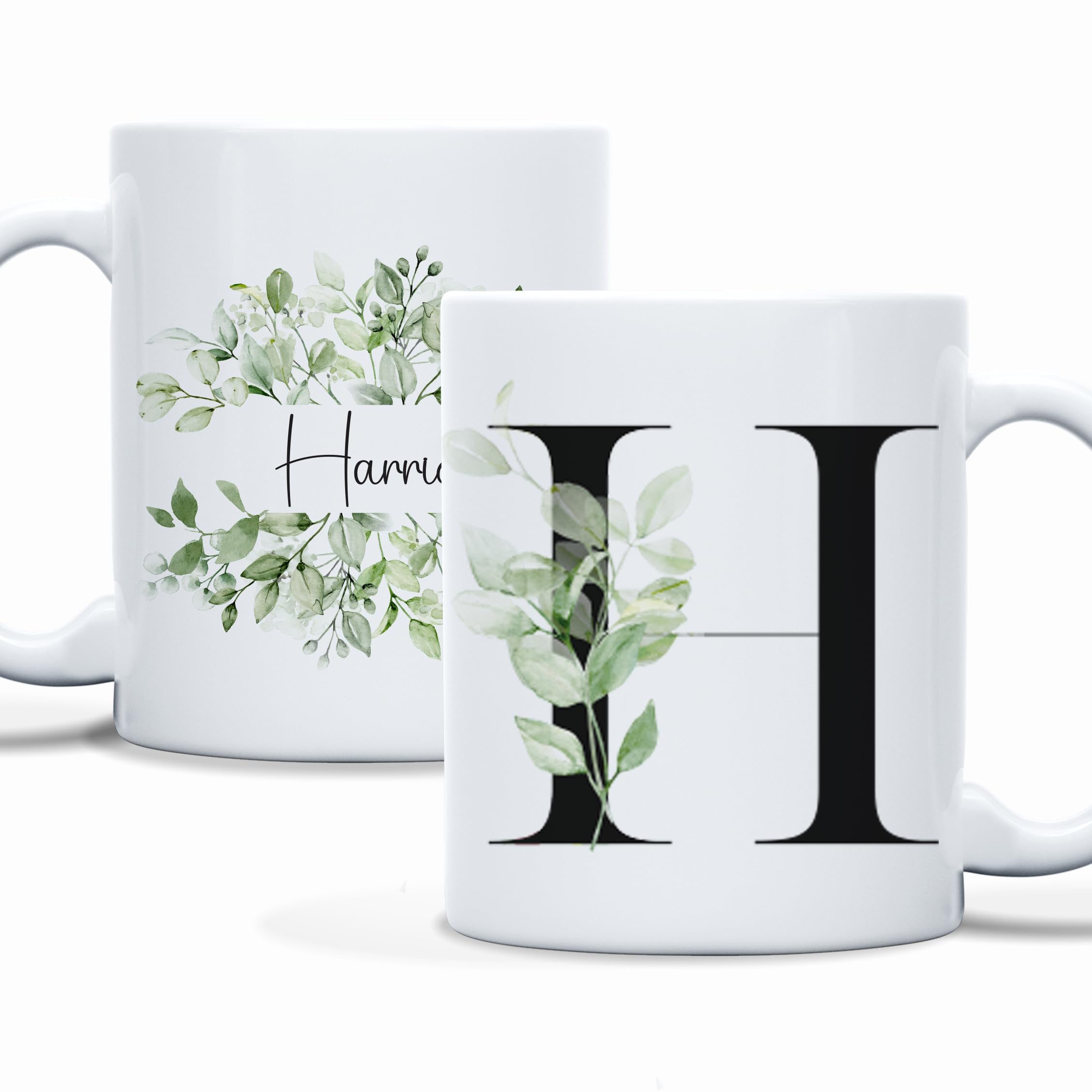 Stamford Design Studio Personalised New Initials and Name Leaves Mug | House Warming Gift | Customised with Any Name | Present, Gift | Single or Pair of Mugs