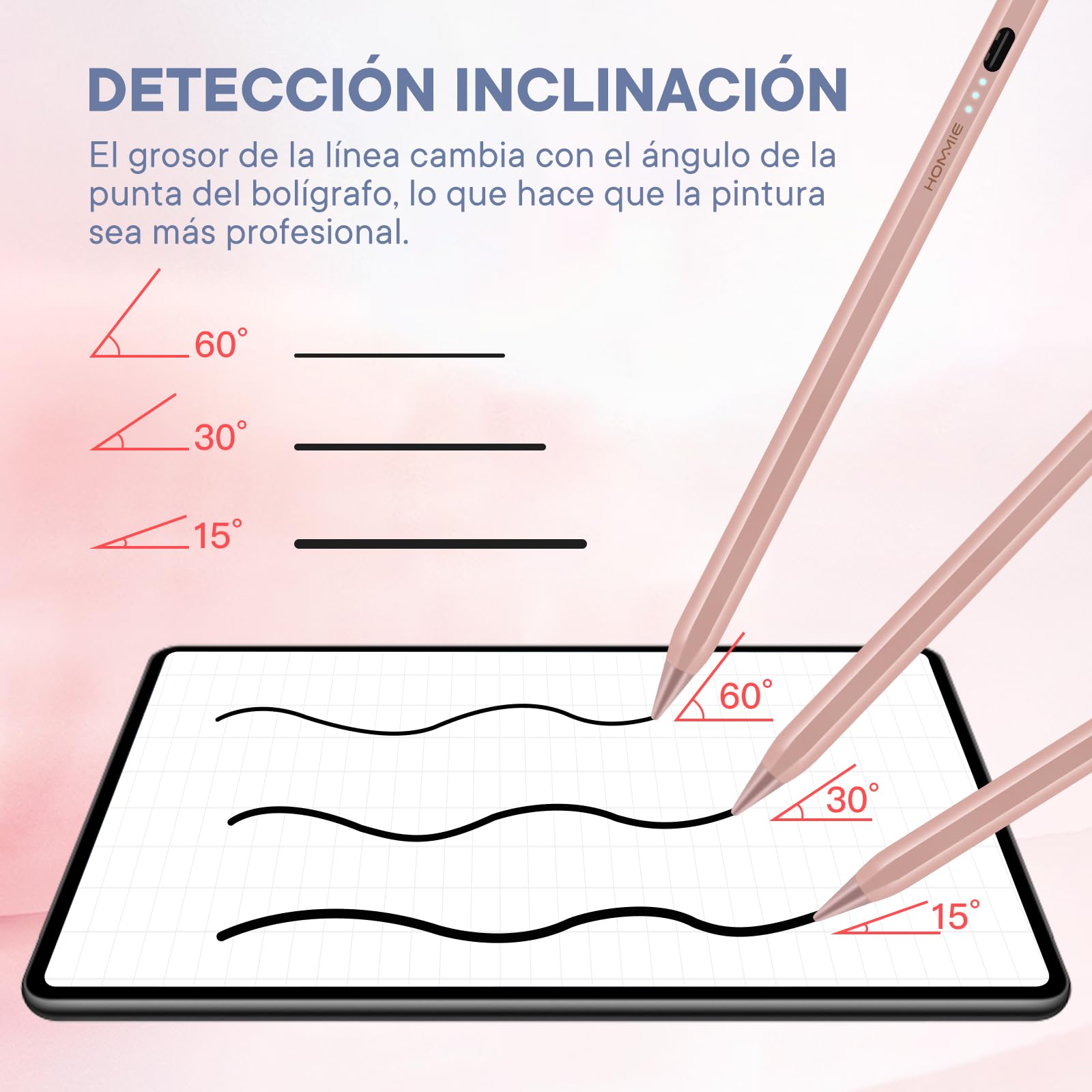Lapiz iPad 2ª Generación, Hommie Pencil iPad Magnética con 1mm Punta Ultrafina, Rechazo Palm, Detección Inclinación, Lapiz para iPad Pro 11"/12,9", iPad 10/9/8 Gen,Air 3/4,Mini 5/6, Oro Rosa