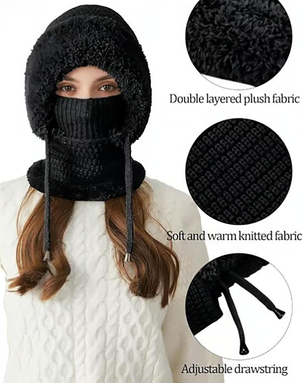 3 in 1 Beanie Hat for Women with Scarf & Mask, Winter Merino Wool Hat 3 in 1, Fleece Lined for Head, Ears & Neck
