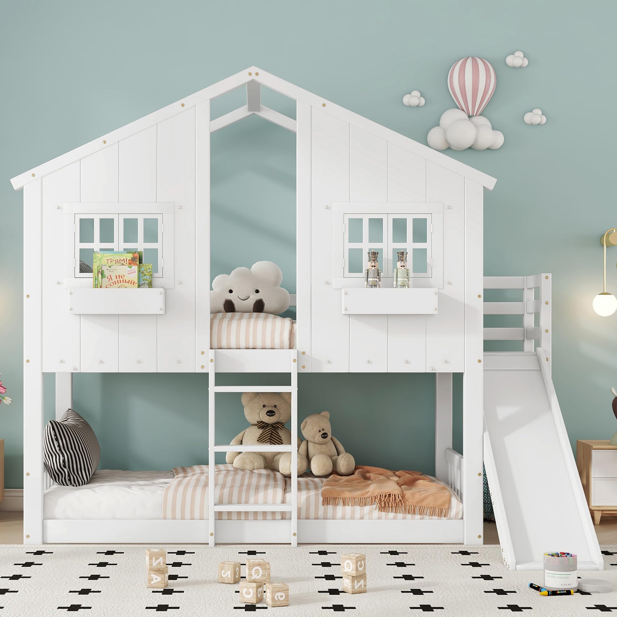 Etagenbett 90x200 cm, Kinderbett mit Rutsche, Kinder Hochbett mit Dach und Fenster, mit Fallschutzgitter Dreistufiger Leiter, Kiefer+MDF, ohne Matratze, Weiß