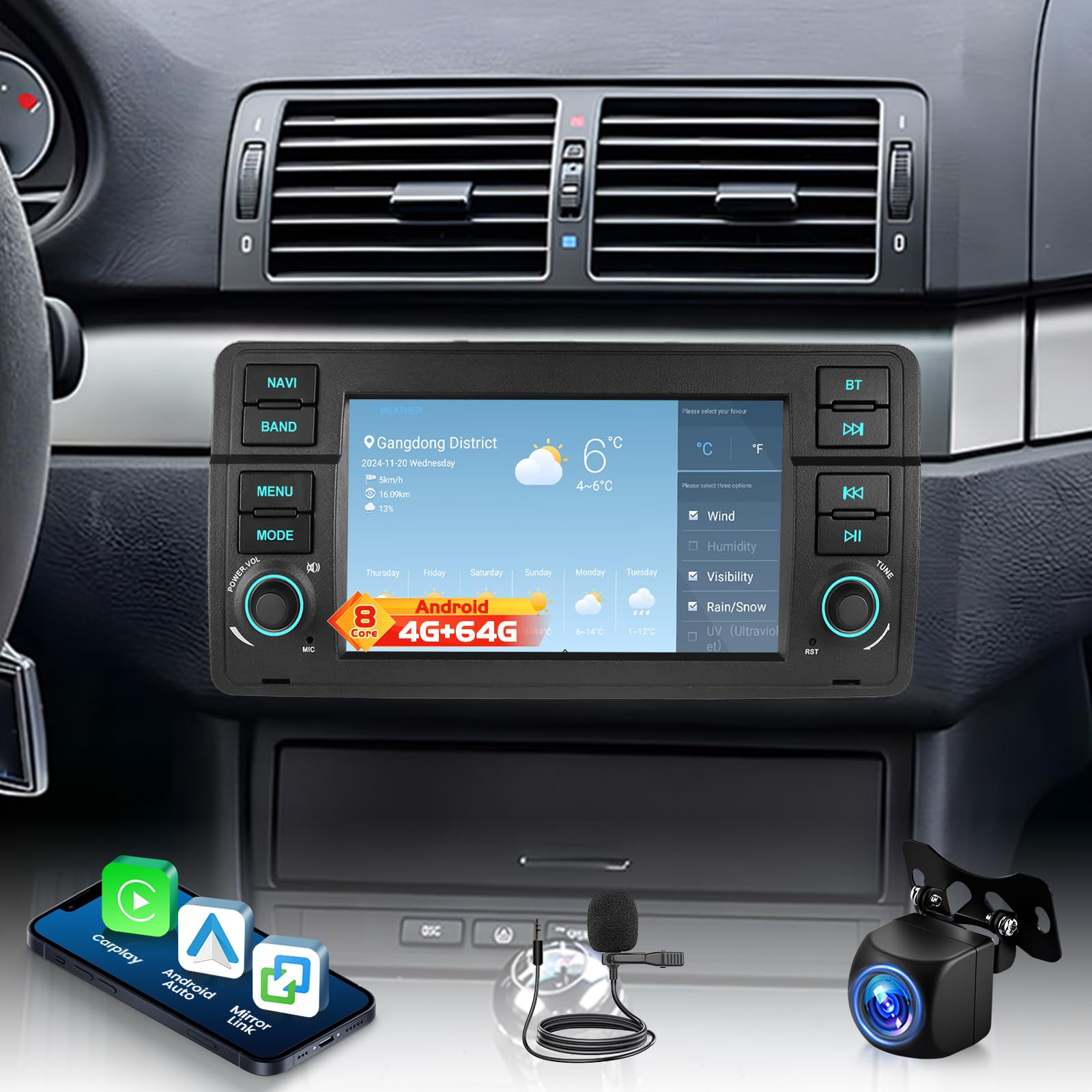 8-Core [4+64] Car Radio for BMW 3 Series 330i 330ci 328i 325ci 318i E46 M3 1999-2006, Volxcereo 7 inch Android Touchscreen Stereo with Carplay/Android Auto, GPS, WiFi, Bluetooth 5.0, SWC