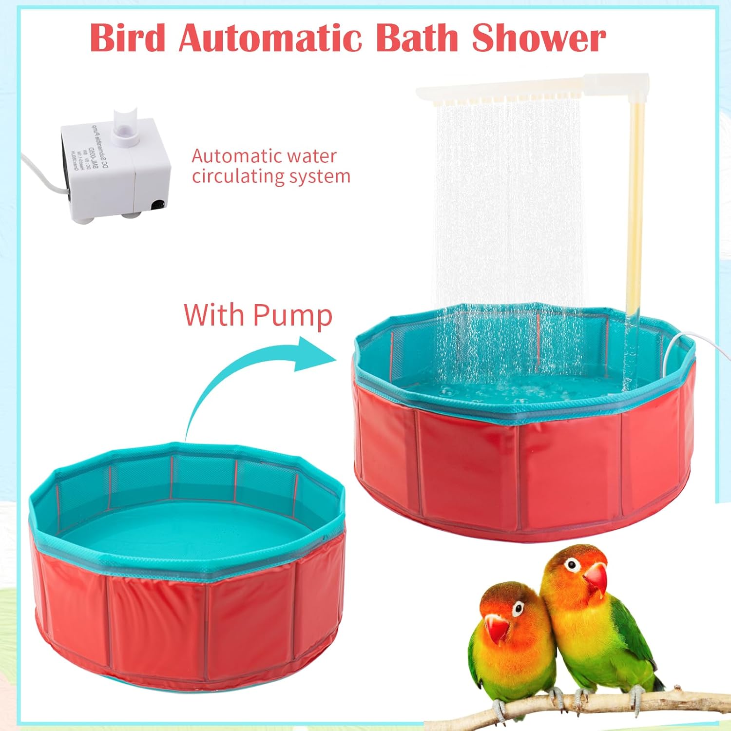 FlidRunest Bird Automatic Bath Shower, Portable Bird Bathtub with Pump, Parrot Bath tub Contains Circulating Controller, USB and Pump, Pool Bathing Tub for African Grey Conure Lovebird Parakeet