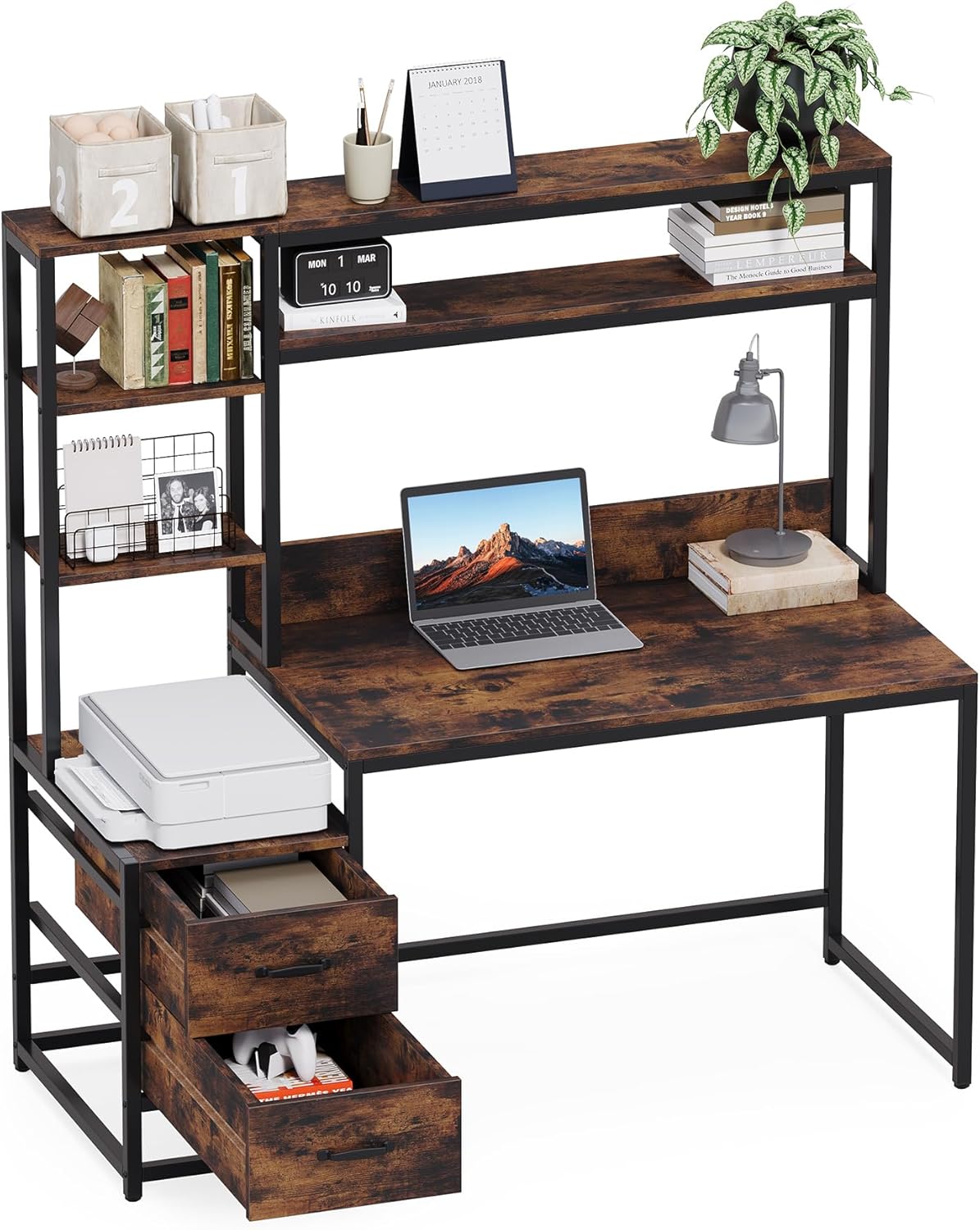 LITTLE TREE Computer Desk with Drawers and Hutch, 55" Gaming Desk with Storage Shelves, Modern Wooden Study Writing Desk for Bedroom Home Office, Brown