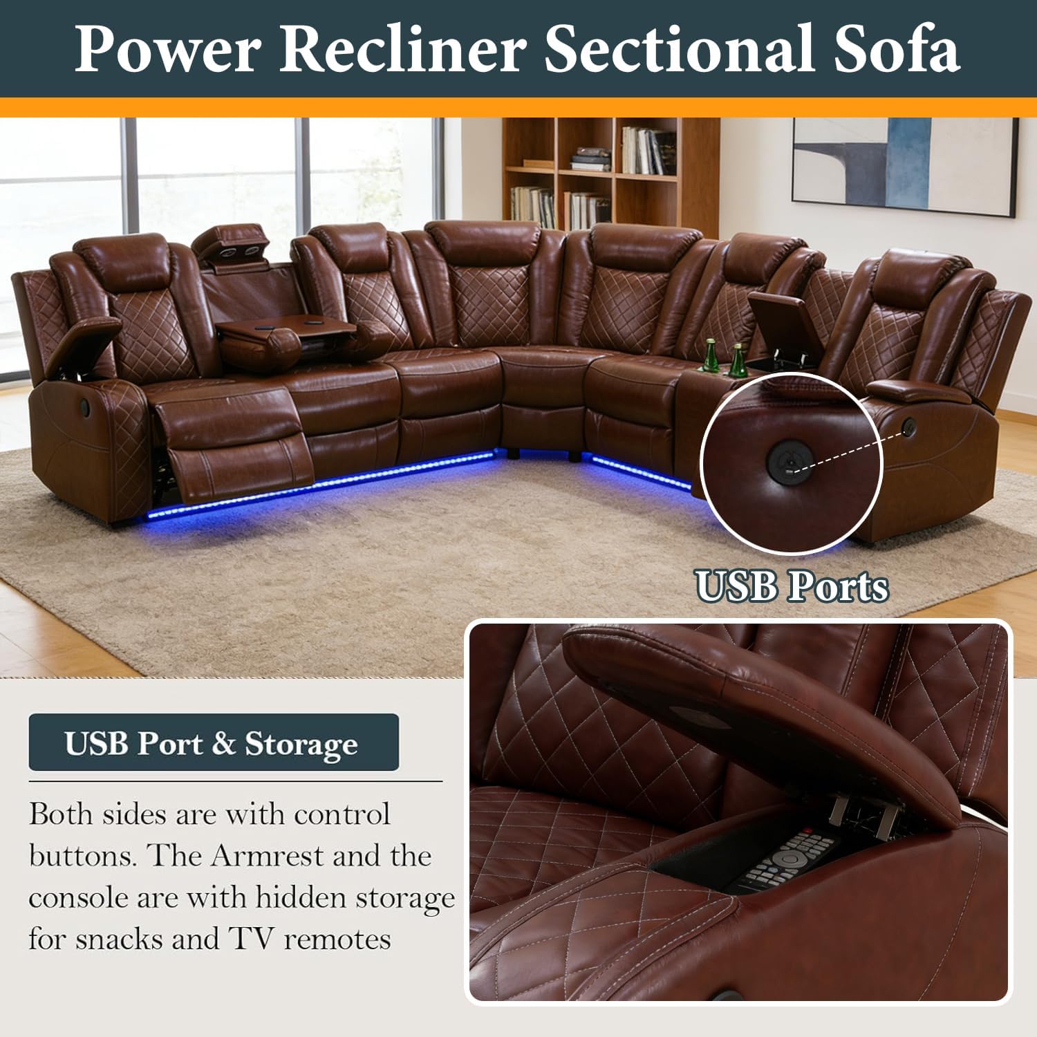 Power Recliner Sectional Sofa Set, Brown Leather Sectional Couch, Loveseat and Chair for Living Room, L Shape Reclining Sofa with Cup Holder, Hidden Storage, Coffee Table for House(9 Seat)