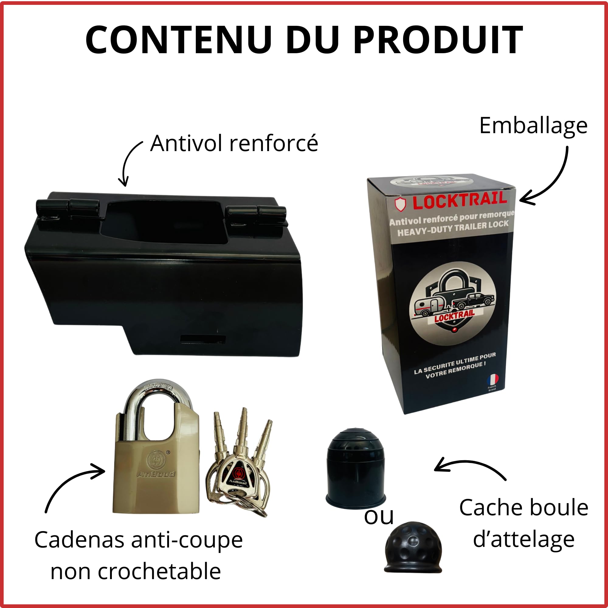 Antivol remorque universel en acier avec Cadenas haute résistance, Compatible remorque moto, voiture, caravane attelée ou non - Protection boule attelage offerte