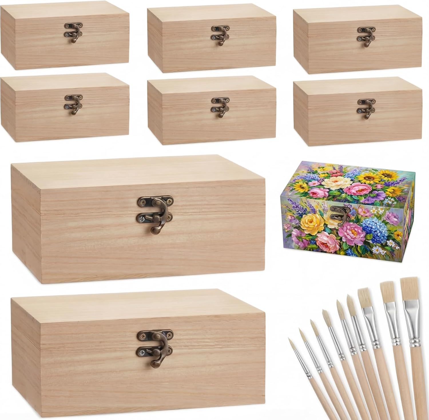 Reginary 8 Pcs Unfinished Wooden Box for Crafts Unpainted Wood Box with Hinged Lid Front Clasps Plain Jewelry Photo 6.7 x 5.1 x 3.2 In for DIY Valentine Make Your Own Gift Keepsake Storage