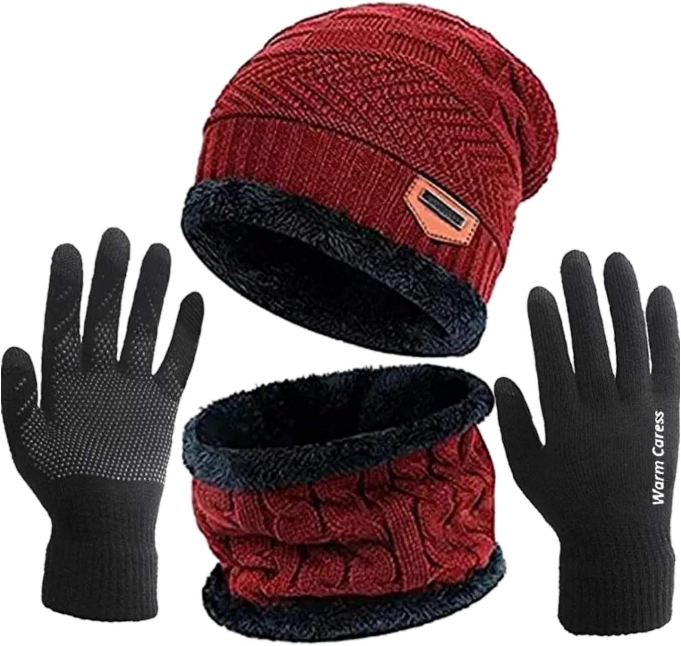 X-LENT Unisex-Adult Wool Casual Style Winter Caps With Touch Glove (Red), Free Size | Winter Knit Beanie Cap Hat Neck Warmer Scarf and Woolen Gloves Set Skull Cap for Men Women/Winter Cap for Men