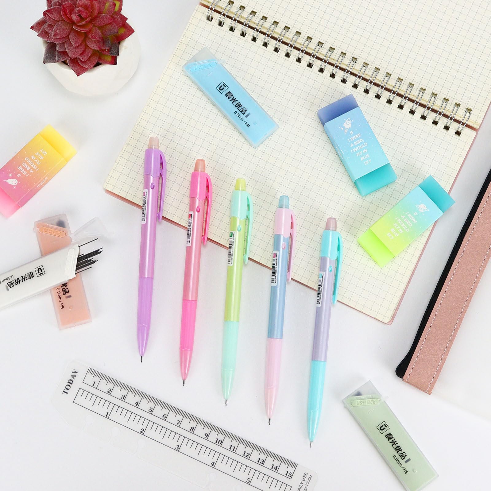 Buqoo Juego de portaminas, 5 lápices mecánicos pastel de 0.5 mm, 3 gomas de borrar degradadas de gelatina de caramelo con 80 recambios de mina HB 0.5 y bolsa con cremallera para arte, lápices de
