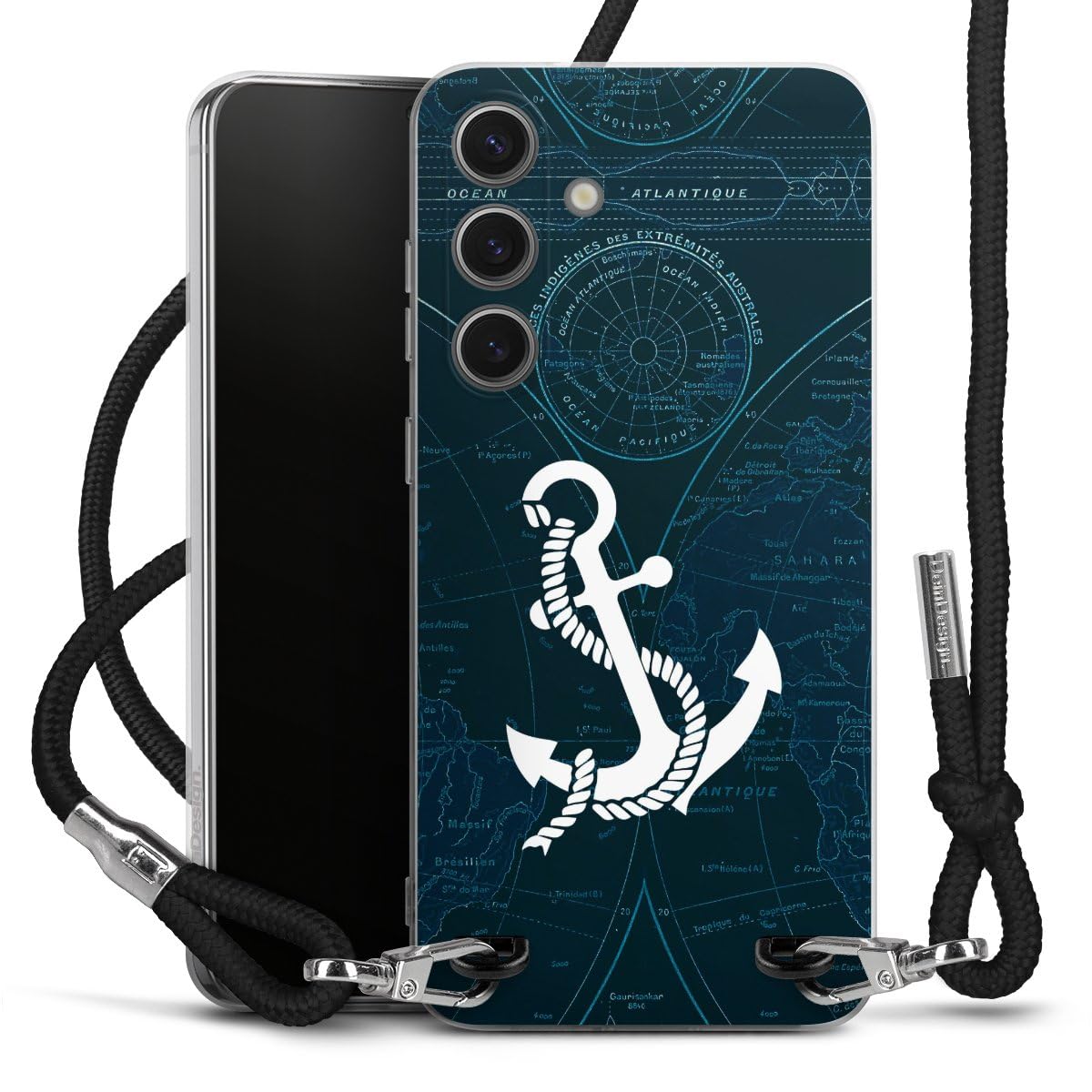 Carry Case kompatibel mit Samsung Galaxy S25 + Hülle mit Band Handykette zum Umhängen schwarz Anker Landkarte Segeln