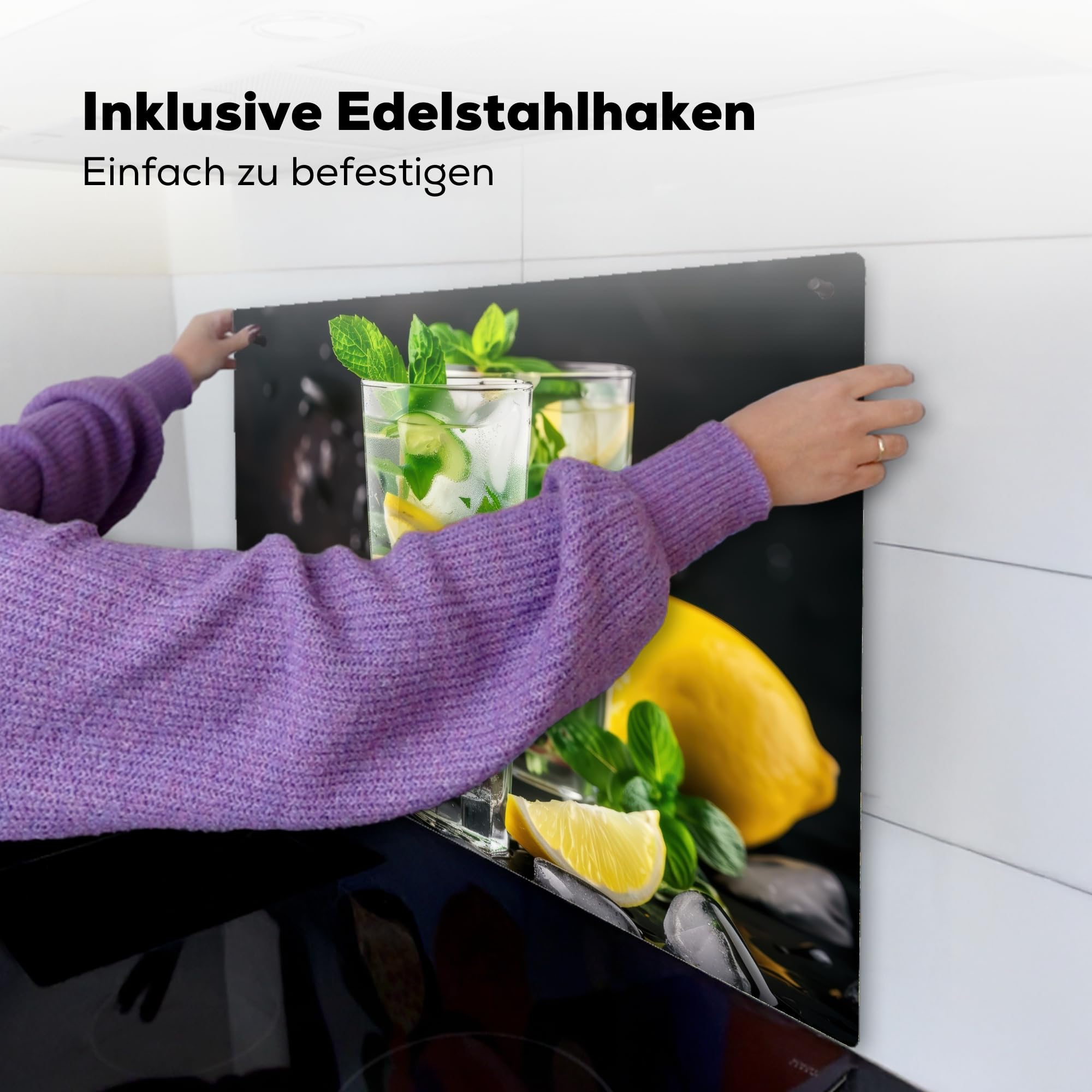 KitchenYeah© Spritzschutz Herd Küchenrückwand Vinyl 60x52 cm Küchen Zubehör Küchenwand, Herdabdeckplatten für Ceranfeld Wasser - Glas - Zitrone - Minze