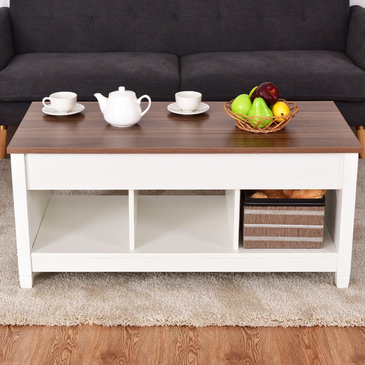 Lift Top Coffee Table Hidden Compartment and Storage Shelves Modern Furniture writing or drinking.