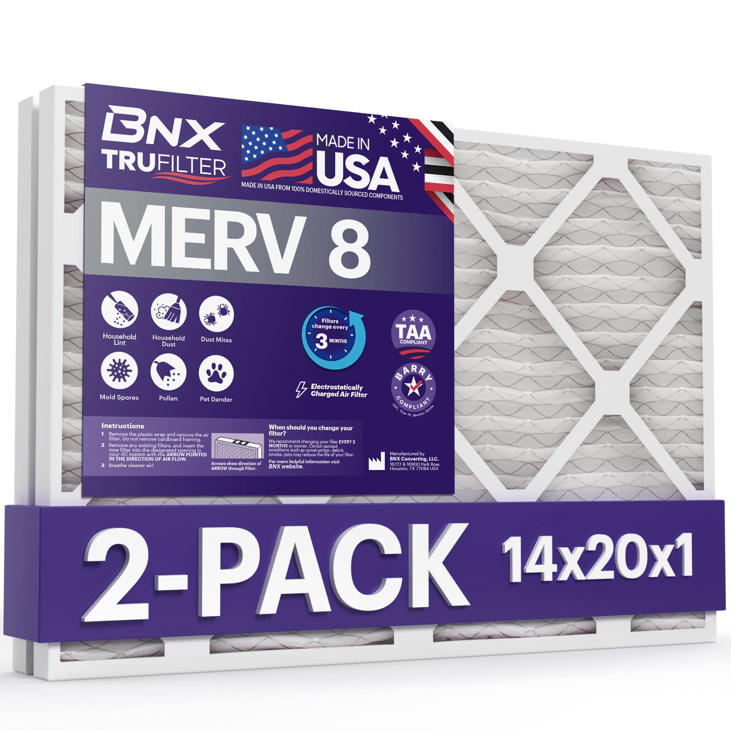 BNX Filtro de aire MERV 8 de 14 x 20 x 1, 2 unidades, fabricado en Estados Unidos, filtros de aire acondicionado plisados electrostáticos para HVAC, elimina el polvo, el moho, el polen, la pelusa